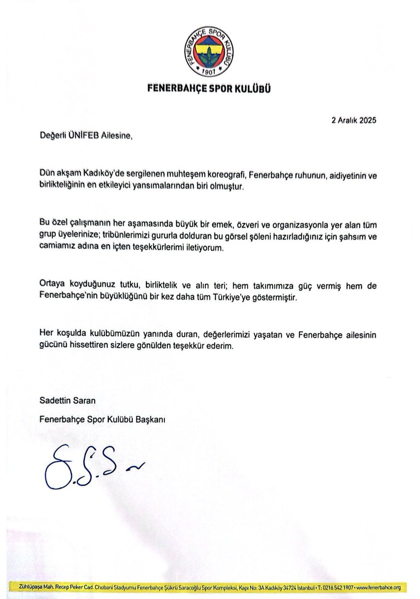 1907 Üniversiteli Fenerbahçeliler Birliği olarak Sayın Başkanımız Sadettin Saran ve değerli yönetim kuruluna, gönderdiği mektup ve gösterdiği desteklerden dolayı teşekkür ederiz.