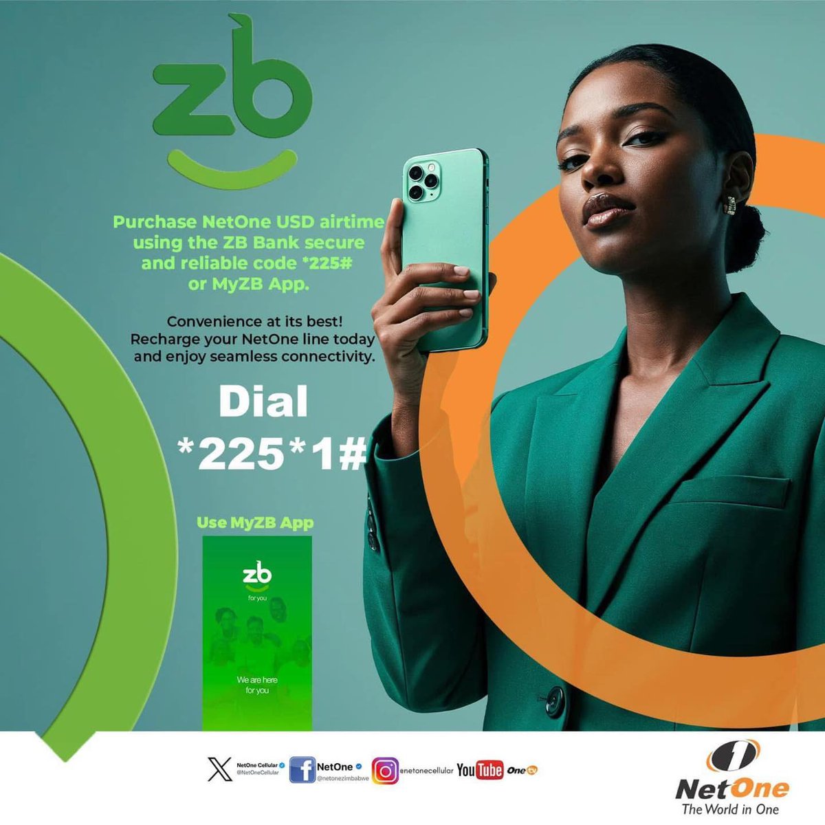NetOneCellular's tweet photo. Need USD airtime? We’ve made it easier than ever!👌🏽
With ZB Bank’s secure *225*1# option and the MyZB App, topping up your NetOne line is fast, simple, and reliable.
Enjoy convenience at your fingertips today for seamless connectivity!
#NetOne #ZBBank #ConvenienceAtItsBest #YourDigitalSolutionsNetwork