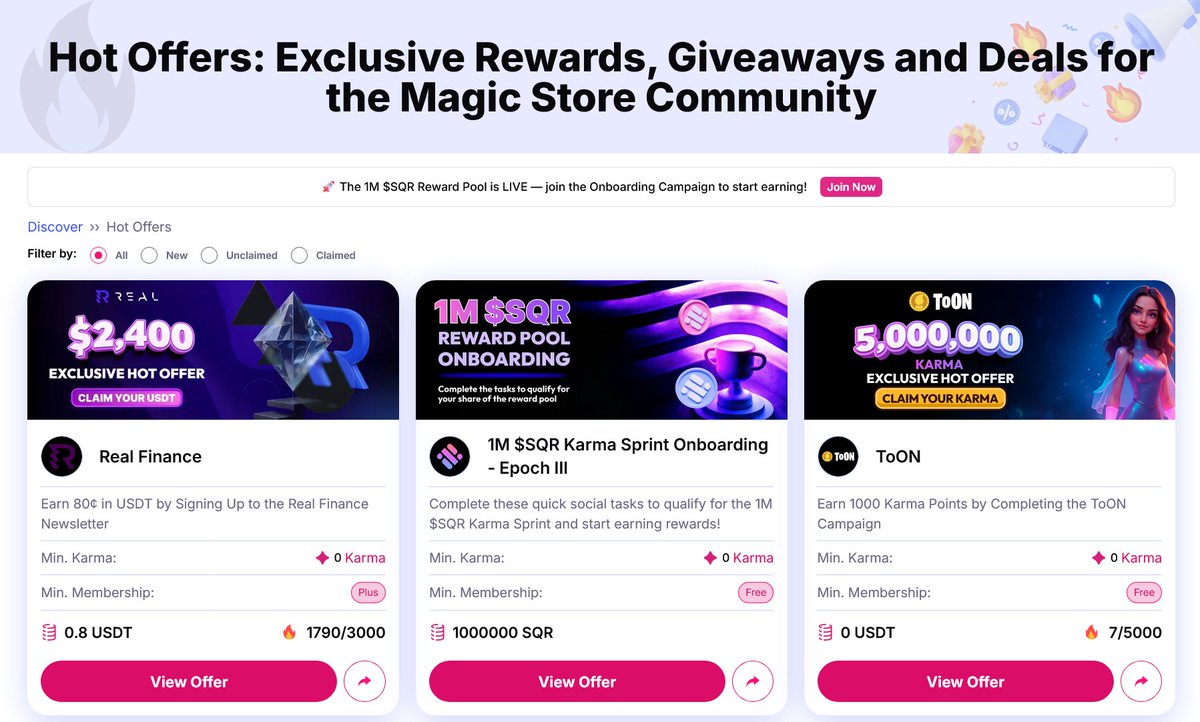 One feature I love about <a href="/MagicSquareio/">Magic Square</a> it its Hot Offers (magicsquare.io/store/hot-offe…). Not only introduce they me to new projects, but they also offer some quite nice rewards in $SQR and USDT, which makes it always exciting when new ones pop up.