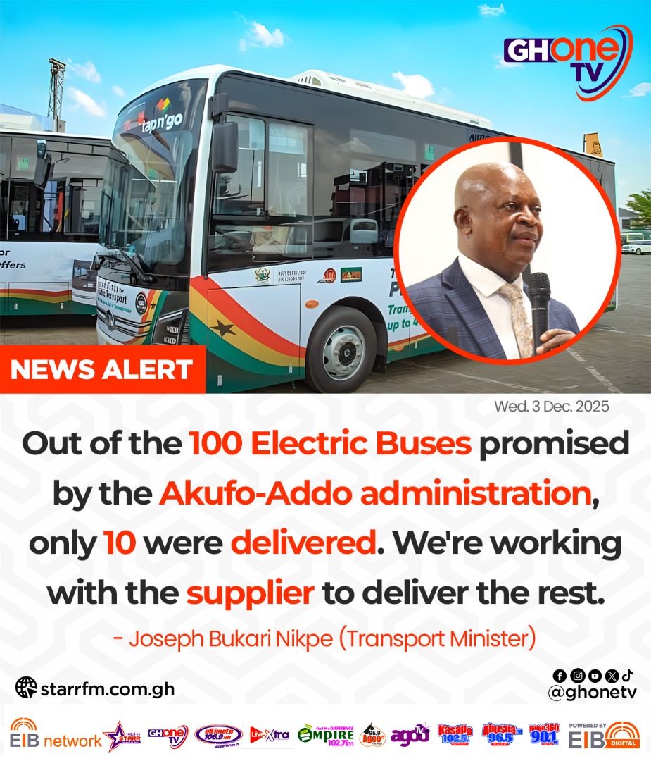 ghonetv's tweet photo. Out of the 100 Electric Buses promised by the Akufo-Addo administration, only 10 were delivered... - Joseph Bukari Nikpe (Transport Minister)

#GHOneNews #EIBNetwork
#GHOneTV #NewsAlert https://t.co/uwLCiCM1ji