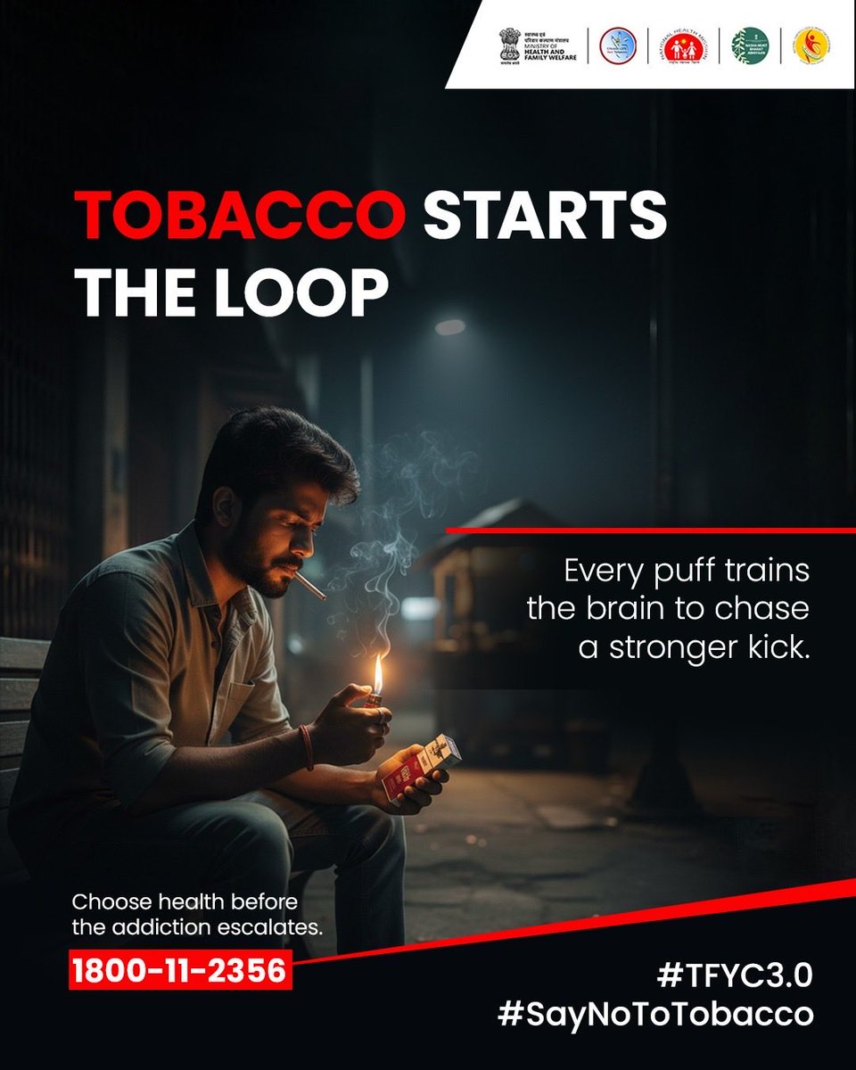 MoHFW_INDIA's tweet photo. Every loop has a starting point.
Don’t let tobacco be yours.
Choose strength. Choose clarity. Choose life.
#TFYC3 
#SayNoToTobacco
#TheBigQuit https://t.co/fHcR1Rnlva