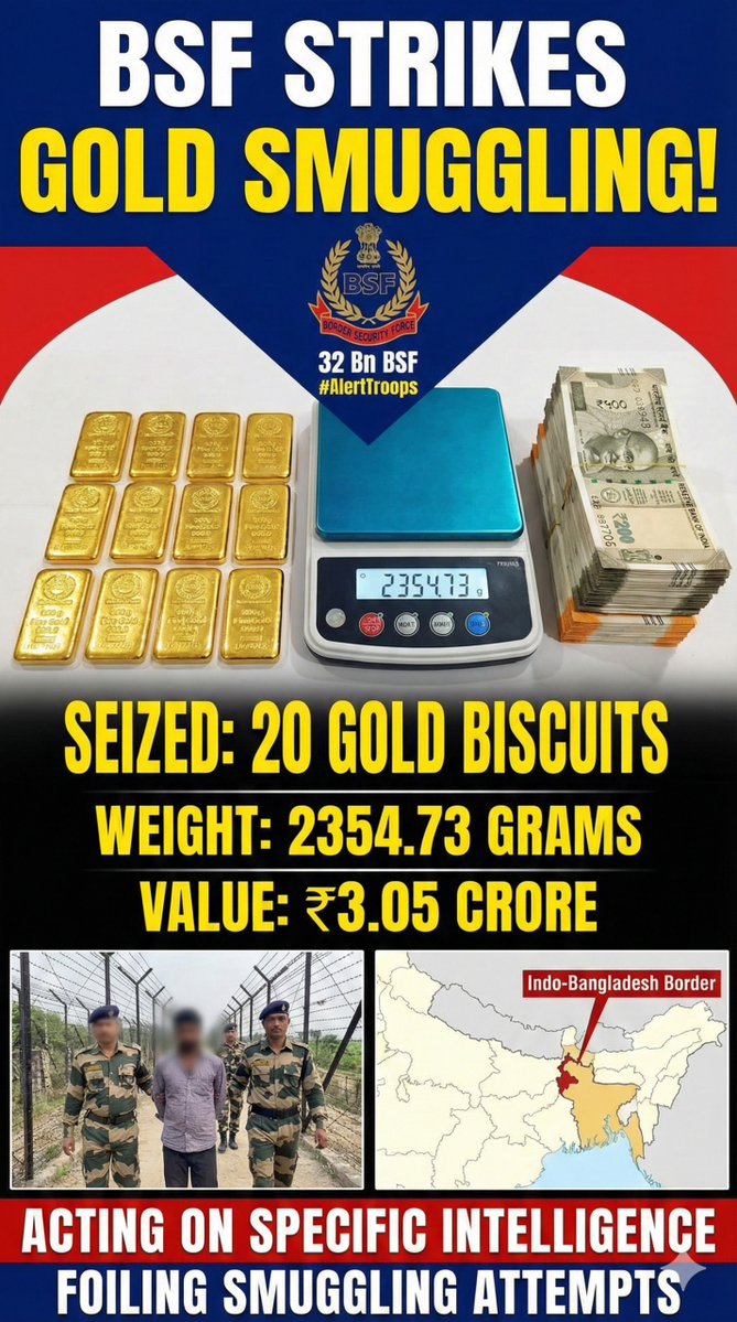 PanditJi145875's tweet image. Big Achievement  BSF  South Bengal apprehended a smuggler on Indo-Bangladesh border and seized 20 gold biscuits weighing 2354.73 grams, valued at ₹3.05 crore. 

#BSFseizedGold 
#Smugglingfoiled