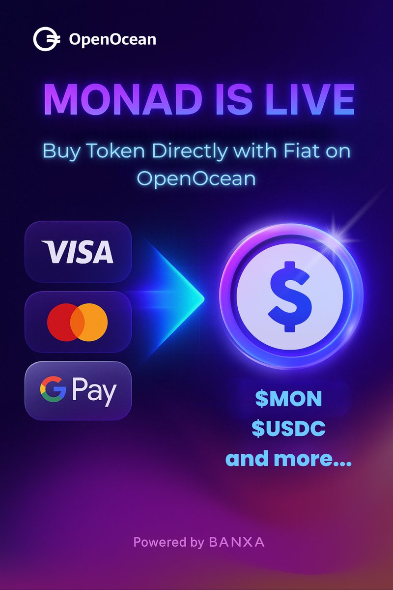 OpenOceanGlobal's tweet image. OpenOcean's fiat-crypto On-Ramp now supports @monad 💜

You can now buy $MON and Monad tokens the same way you order pizza🍕 - directly with Visa, Mastercard, or Google Pay.

Powered by @BanxaOfficial 

No CEX. No bridges. No hassle.
FIAT to wallet in minutes. ⚡

Whether you're…