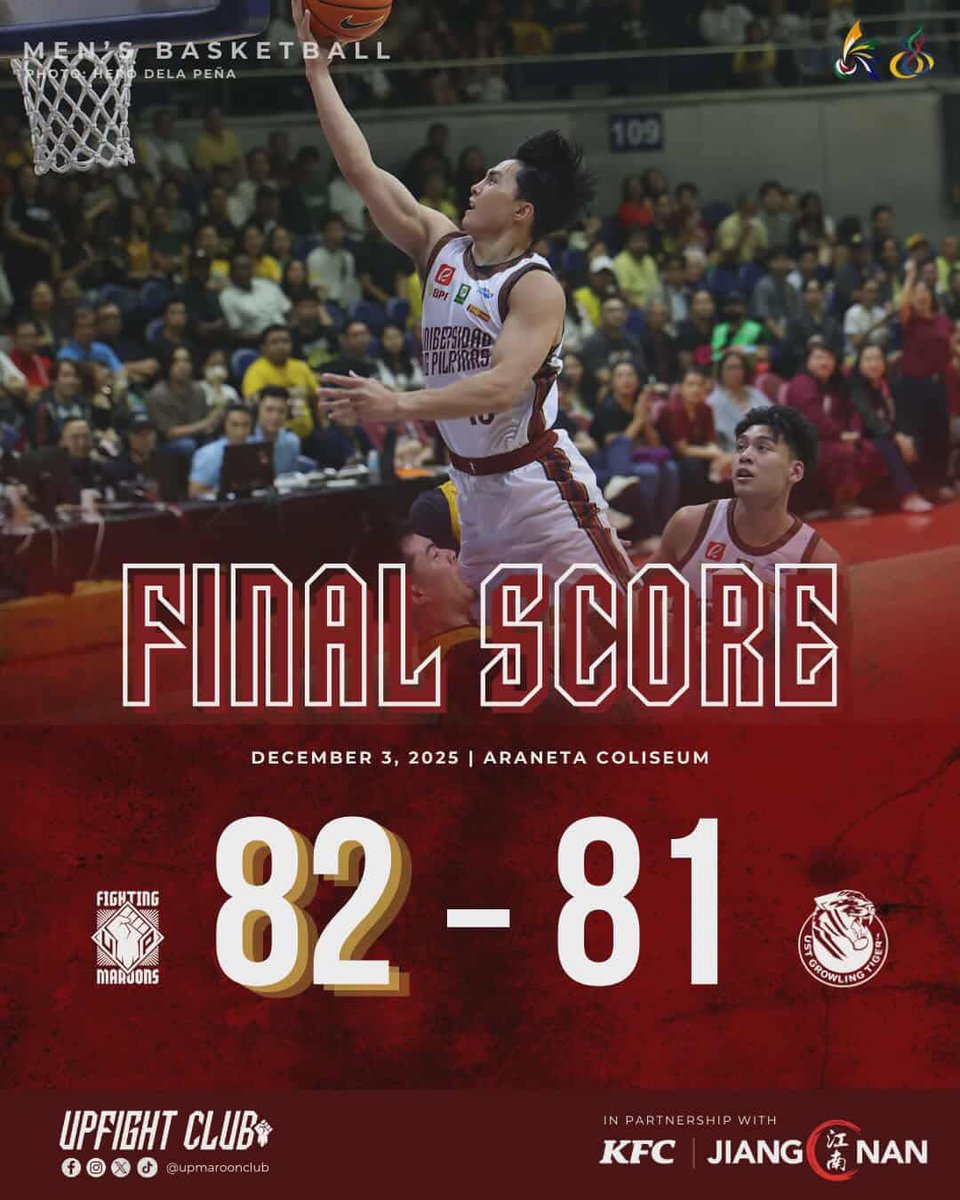 upmaroonclub's tweet photo. FINAL: UP edges UST, 82-81! 

This UP Fighting Maroons Club post is in partnership with:
KFC
Jiang Nan Hotpot

#UPFight ❤️💚✊🏻
#UAAPSeason88 https://t.co/M6WULl6dPX