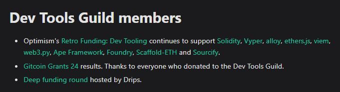 devtoolsguild's tweet image. 🔴 @Optimism Retro Funding: Dev Tooling continues to support:

* @solidity_lang, @vyperlang
* alloy, @ethersproject, viem, @EthereumPython
* @ApeFramework, Foundry, Scaffold-ETH
* @SourcifyEth

(1/3)