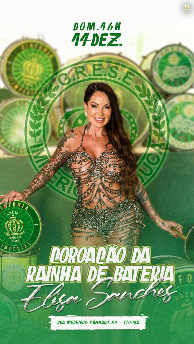 É com grande alegria e emoção que venho anunciar a minha Coroação como 1º vez Rainha de Bateria da @imperiodatijucaoficial . Será dia 14-12, 16 hs na Rua Medeiros Pássaro,84. Tijuca. Anotem essa data, será num domingo e eu terei muito prazer de receber todos com muita alegria 💚