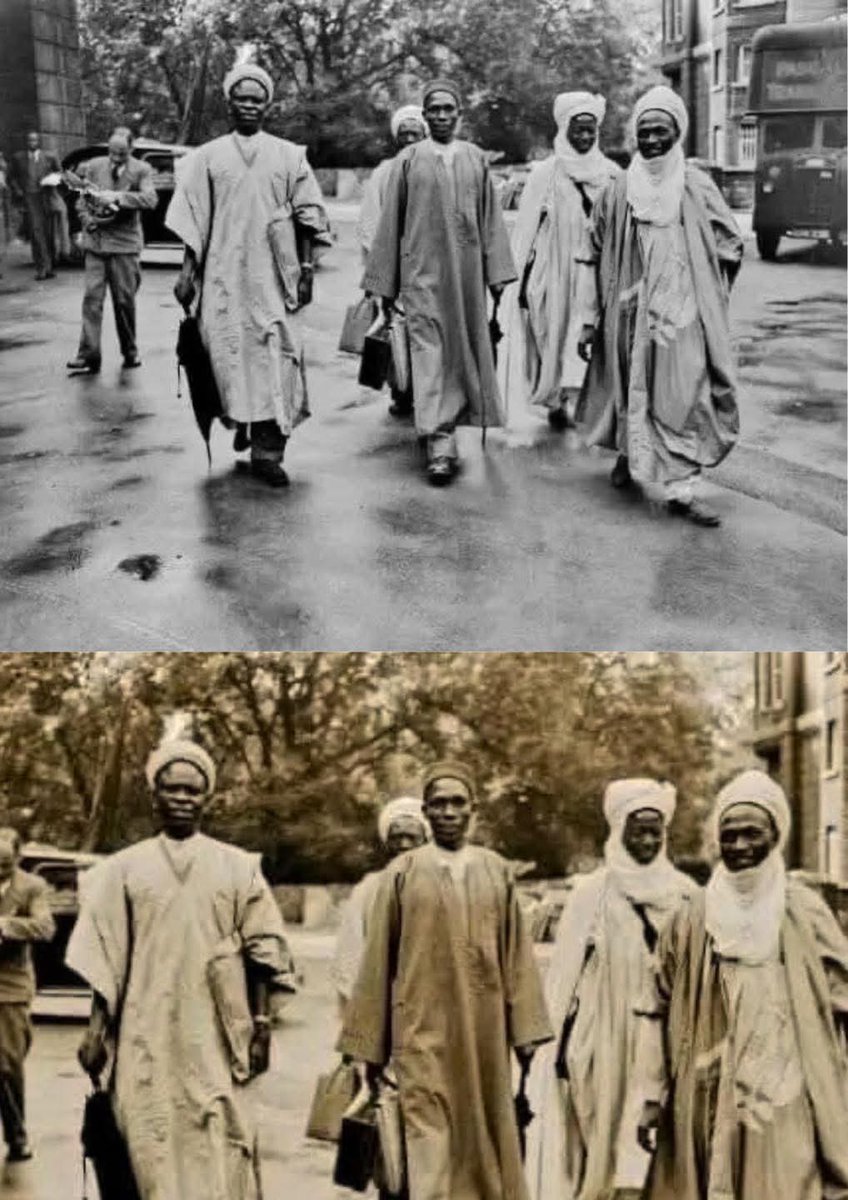 This photo captures the arrival of the Nigerian delegation at Lancaster House for the landmark Pan-African Conference in London on 28 September 1948.
From left to right: Malam Yahaya Ilori, Abubakar Tafawa Balewa, the Emir of Abuja Sulaimanu Barau, and the Emir of Katsina Usman