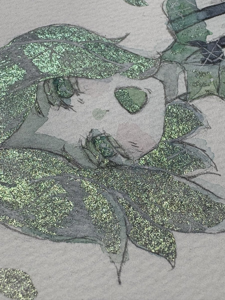 kannkitu_noyu's tweet photo. 過去に描いたきらきらな原画なんだけど、光の角度で色が変わって見える偏光絵の具使ってるからお気に入り。ただ写真じゃわからない（泣） https://t.co/4IqSS5erSo