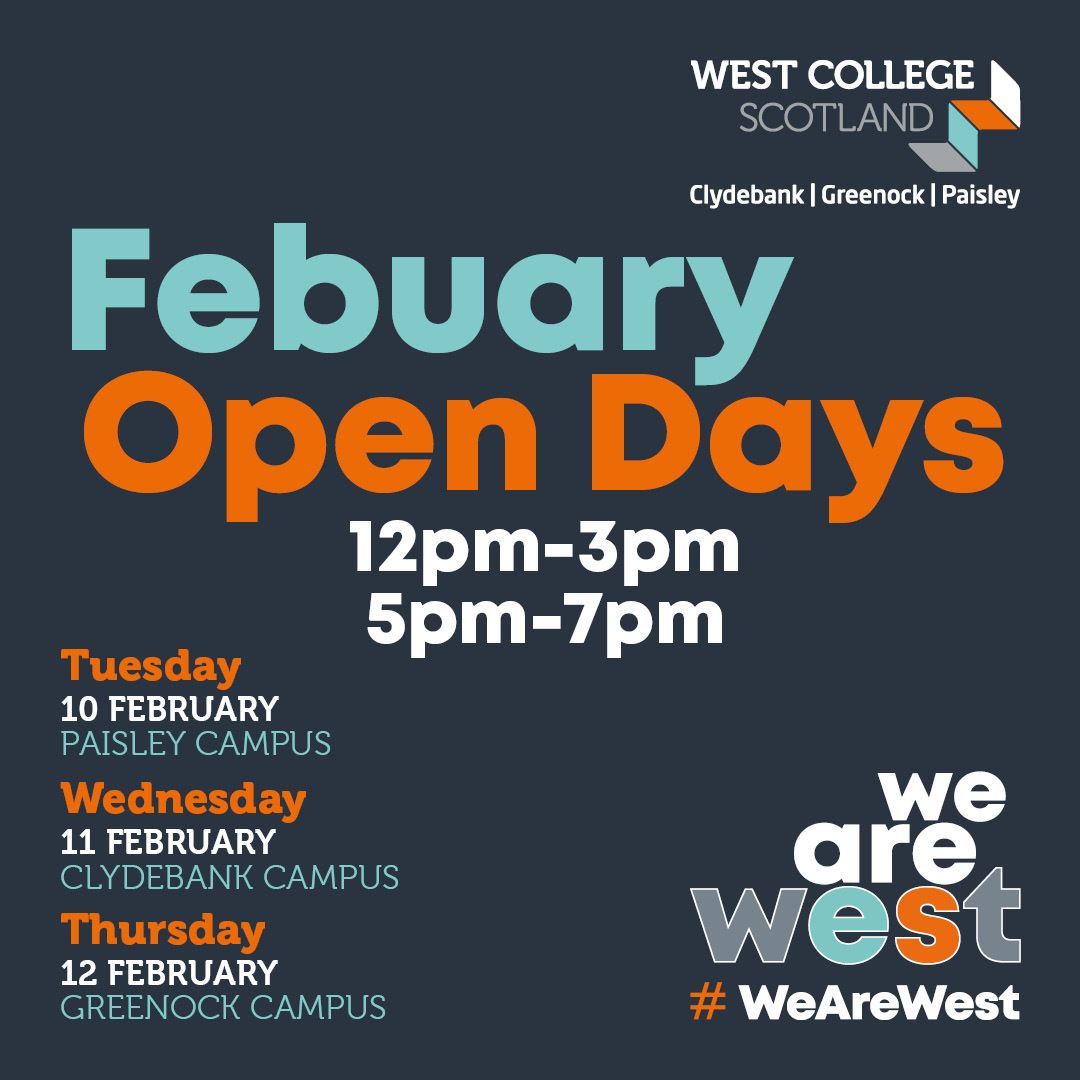 Thinking about college next year? 🎓 

@westcollegescotland are hosting their February Open Days from 10th–12th February! 📆 

This is the perfect chance to explore courses, meet lecturers, and get a feel for student life. 🙌 

#WestCollegeScotland #OpenDays2026