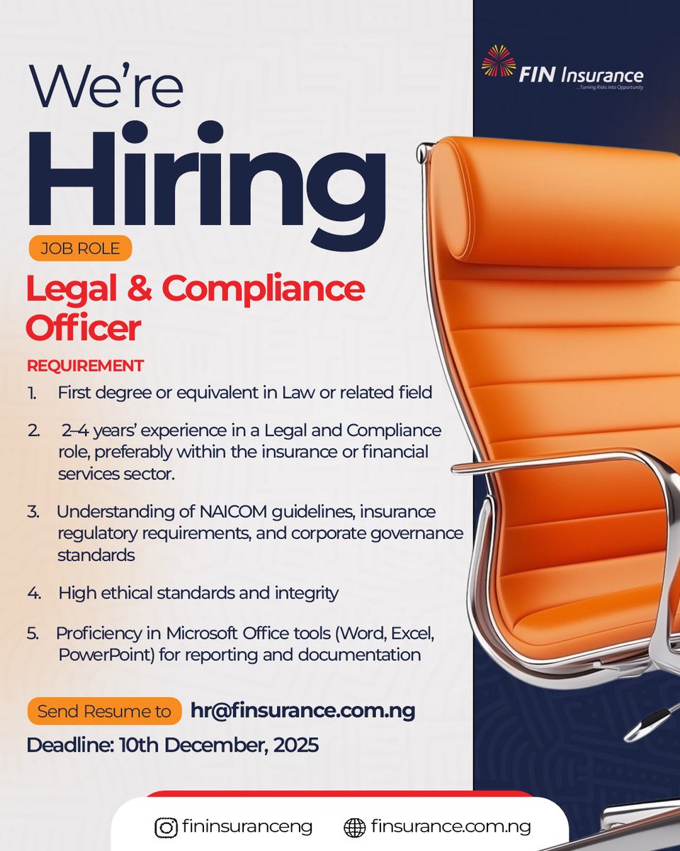 Fininsuranceng's tweet image. FIN Insurance is hiring! We’re looking for candidates for the position of:
1. Legal &amp;amp; Compliance 
2. Reconciliation Support 

To apply, send your CVs to hr@finsurance.com.ng 

#hiring #jobsinlagos #FINInsurance