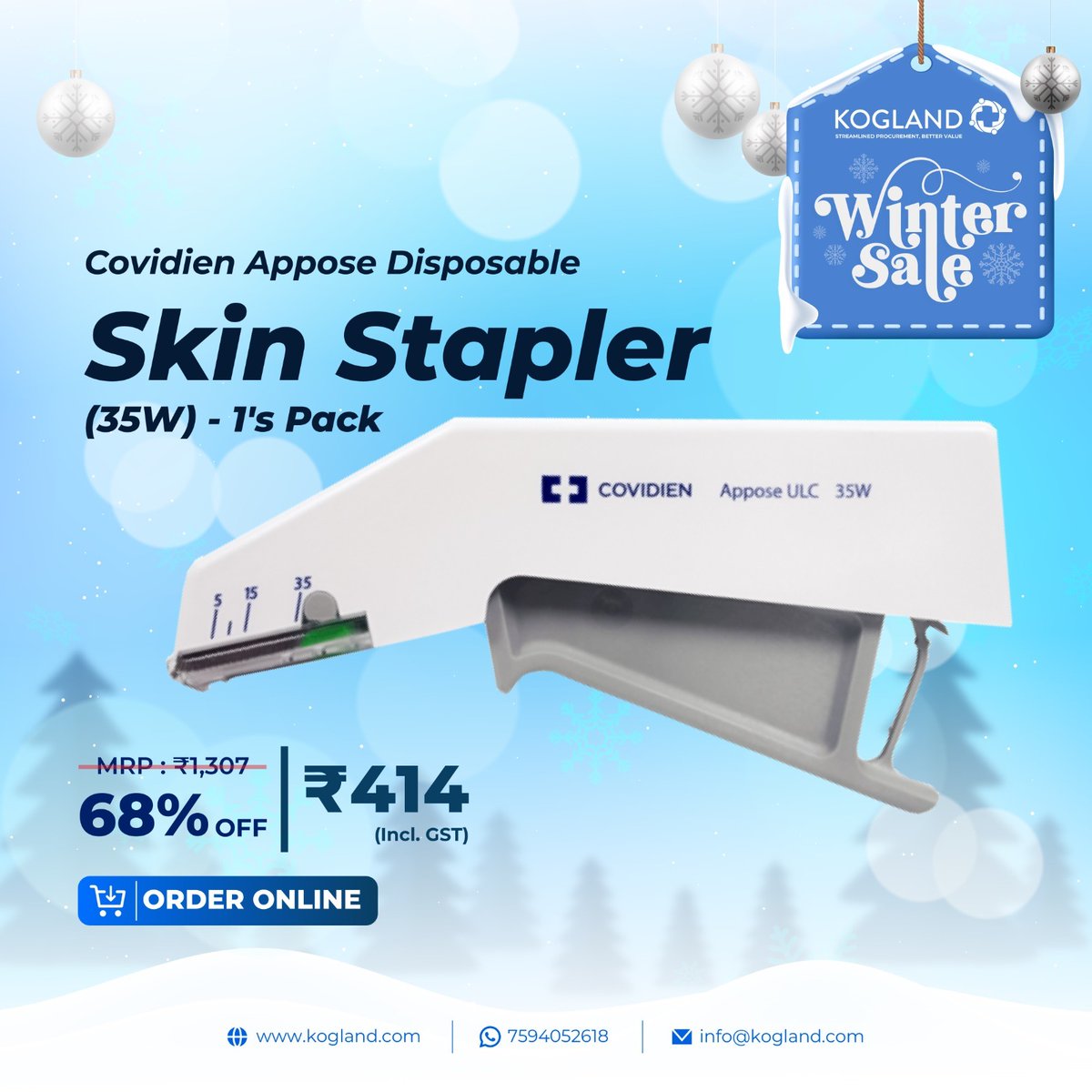 koglandcommerce's tweet photo. Winter Sale!!
Covidien Appose Disposable Skin Stapler (35W) - 1's Pack
Get Pan India Door Step Delivery
Order Online:https://t.co/FnxTyrLR6M
#kogland #skinstapler #covidien https://t.co/QT4fzowuZ9