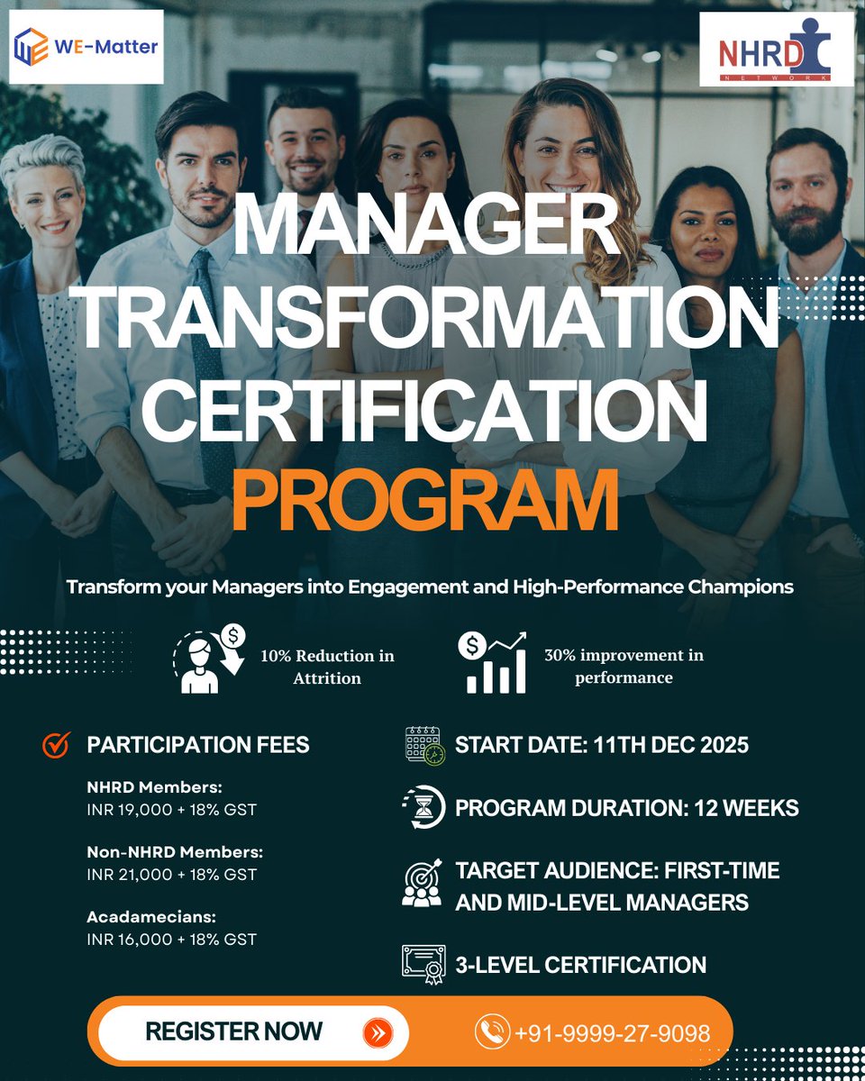 Wematter_global's tweet image. Empower your managers! Nominate them for our “Manager Transformation Certification Program” and let them experience a powerful evolution journey. 

To Know More avinash.khurana@nationalhrd.org I +91-9999-27-9098

#managerdevelopment #LeadershipDevelopment