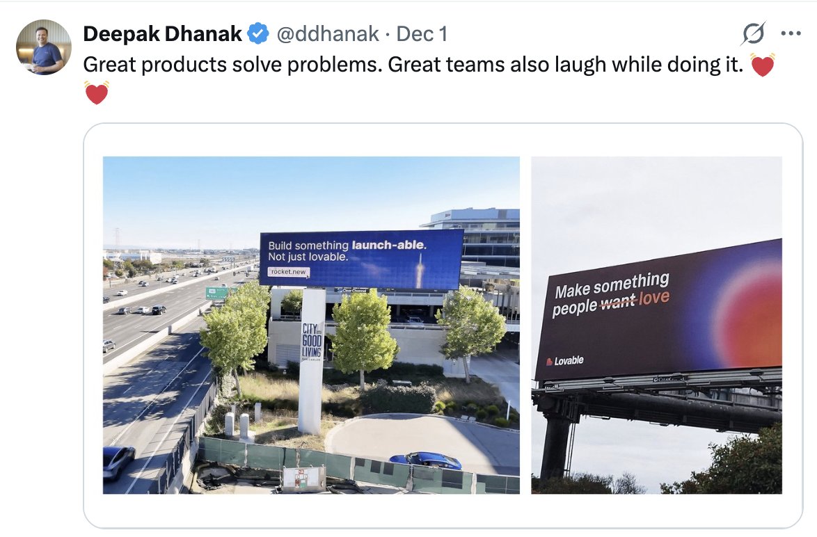 HeyAmit_'s tweet image. This is how you do competitive positioning.

Rocket placed their billboard right after Lovable’s… and flipped the narrative.

Playful. Smart. Strategic. Impossible to forget.

Marketing that teaches, not just teases. 🧵