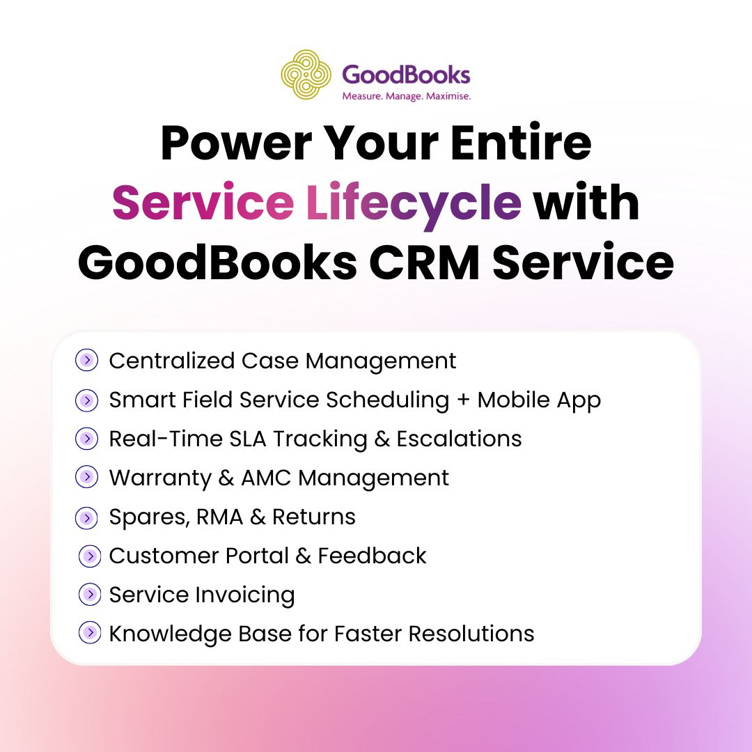 GoodBooks_ERP's tweet image. Deliver faster, smarter customer service with GoodBooks CRM Service.

GoodBooks CRM Service helps teams resolve faster, stay on top of SLAs, manage field tasks and control warranties/AMCs.

bit.ly/GB-crm-service 

#CRMservice #ServiceCRMsoftware #CRM #CustomerService