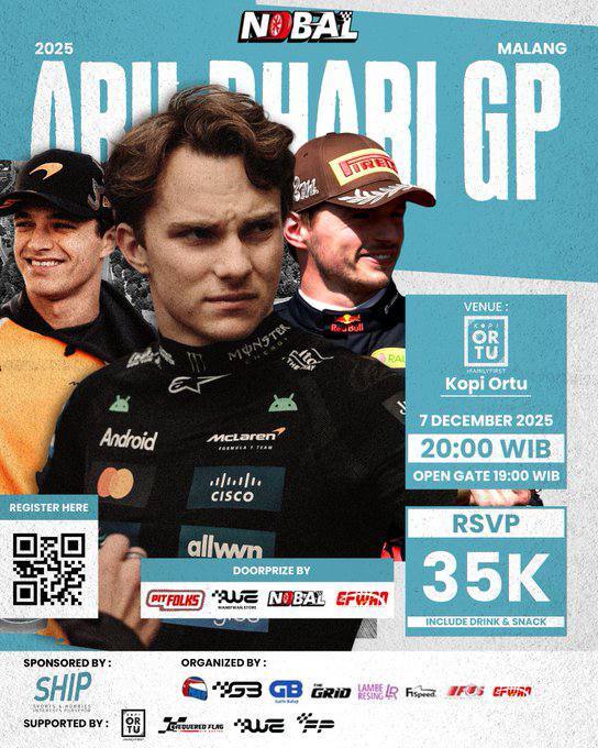 yubi! Malang apa kalian sudah siap untuk join nobar f1 terakhir musim ini???

🗓️ Minggu, 7 Desember 2025
🕘 Open Gate: 19.00 WIB
📍 KOPI ORTU KAWI
💸 HTM? 35K (Dah dapet snack ama minum)
🎁 Doorprize

See you on ABU DHABI GP🏎️🏁