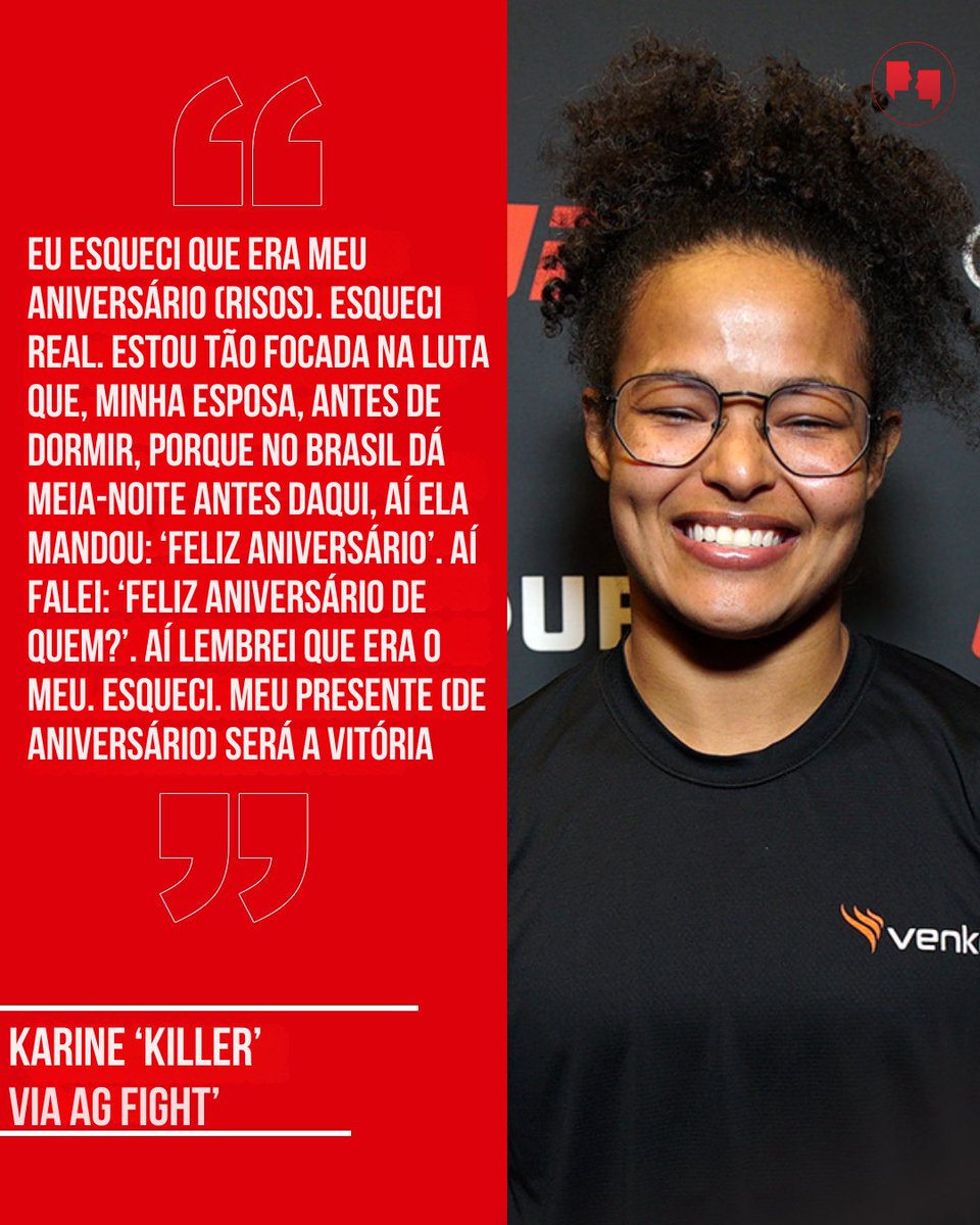 AgFight's tweet image. FOCO DE OUTRO MUNDO!😅

Nesta terça (2), @KillerKarine completou 32 anos. E, tão focada no UFC 323, ela simplesmente esqueceu do próprio aniversário.🥳

Centrada, a brasileira prometeu se presentear com a vitória sobre Maycee Barber. Vem aí? 👀

#Karine #Aniversário #Foco #UFC323