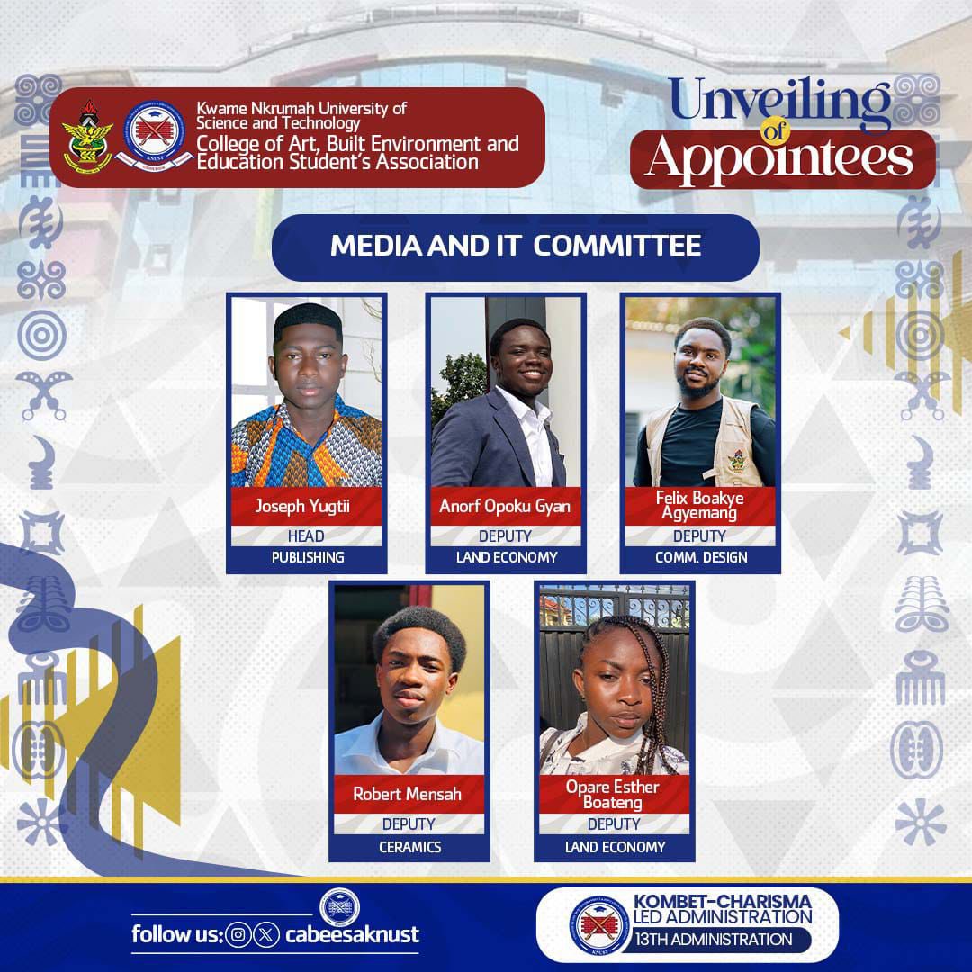 🔵⚪️CABEESA KNUST 
🔰 UNVEILING OF APPOINTEES

We are thrilled to introduce the Media and IT Team for the 2025/26 CABEESA Administration. Meet the creative and tech-driven minds committed to enhancing communication, visibility, and digital innovation throughout the academic year.