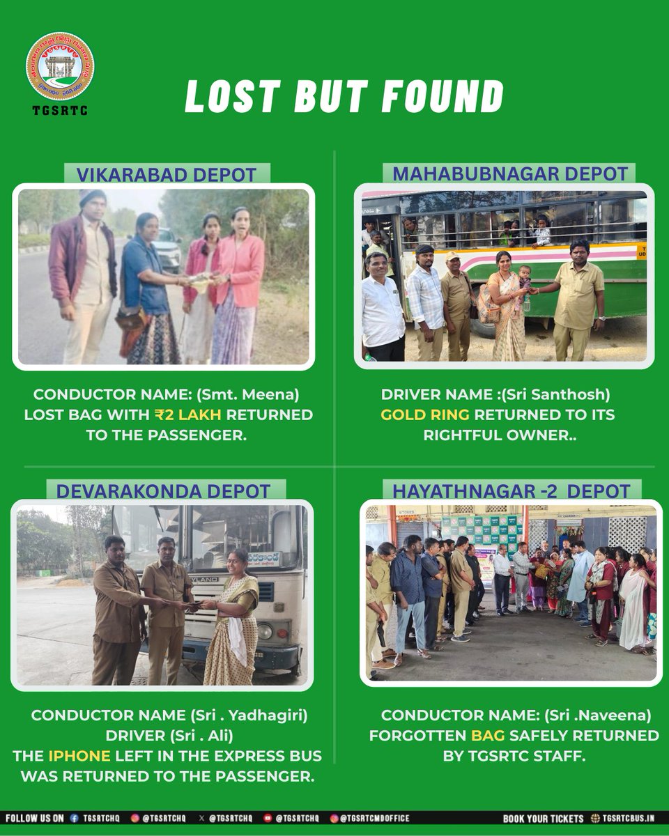 TGSRTCHQ's tweet image. 🚌 TGSRTC staff continue to uphold trust and integrity.
TGSRTC staff secures and returns passengers’ belongings safely.

#TGSRTC #LostButFound #HonestHeroes #TelanganaBuses #SafeTravel #Wecare