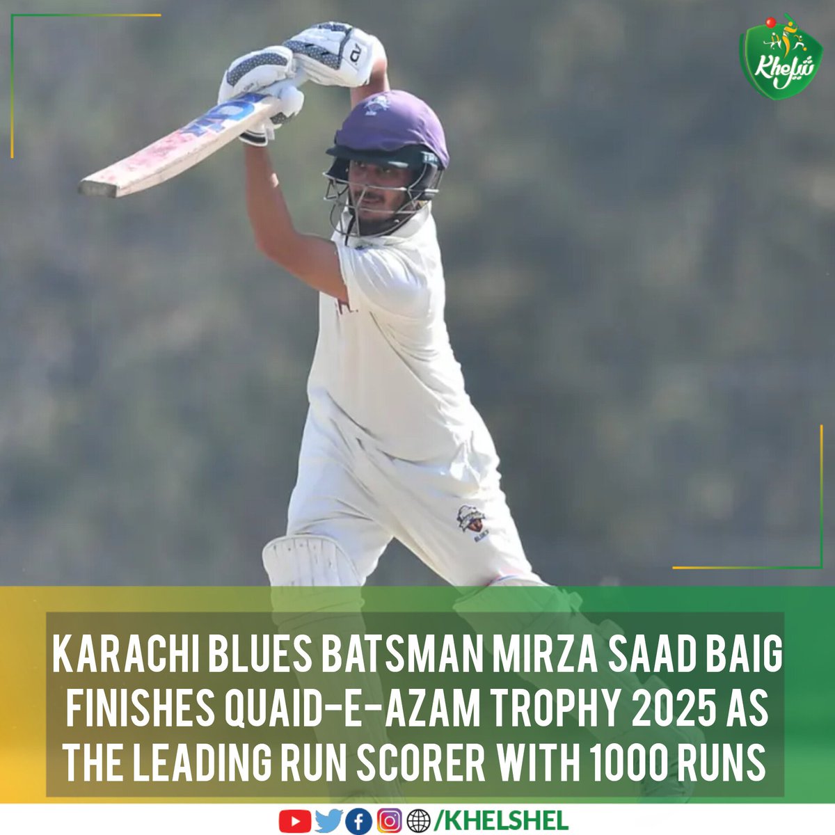 khelshel's tweet photo. Pure class! This is what it looks like to be the best. The Karachi Blues star bats his way to the top, becoming the leading run-scorer of the Quaid-e-Azam Trophy 2025 with 1000 runs! 👏
#Cricket | #Pakistan | #SaadBaig | #QeaTrophy | #Qea25 | #KarachiBlues | #Lahore https://t.co/6D8RPI0mhm