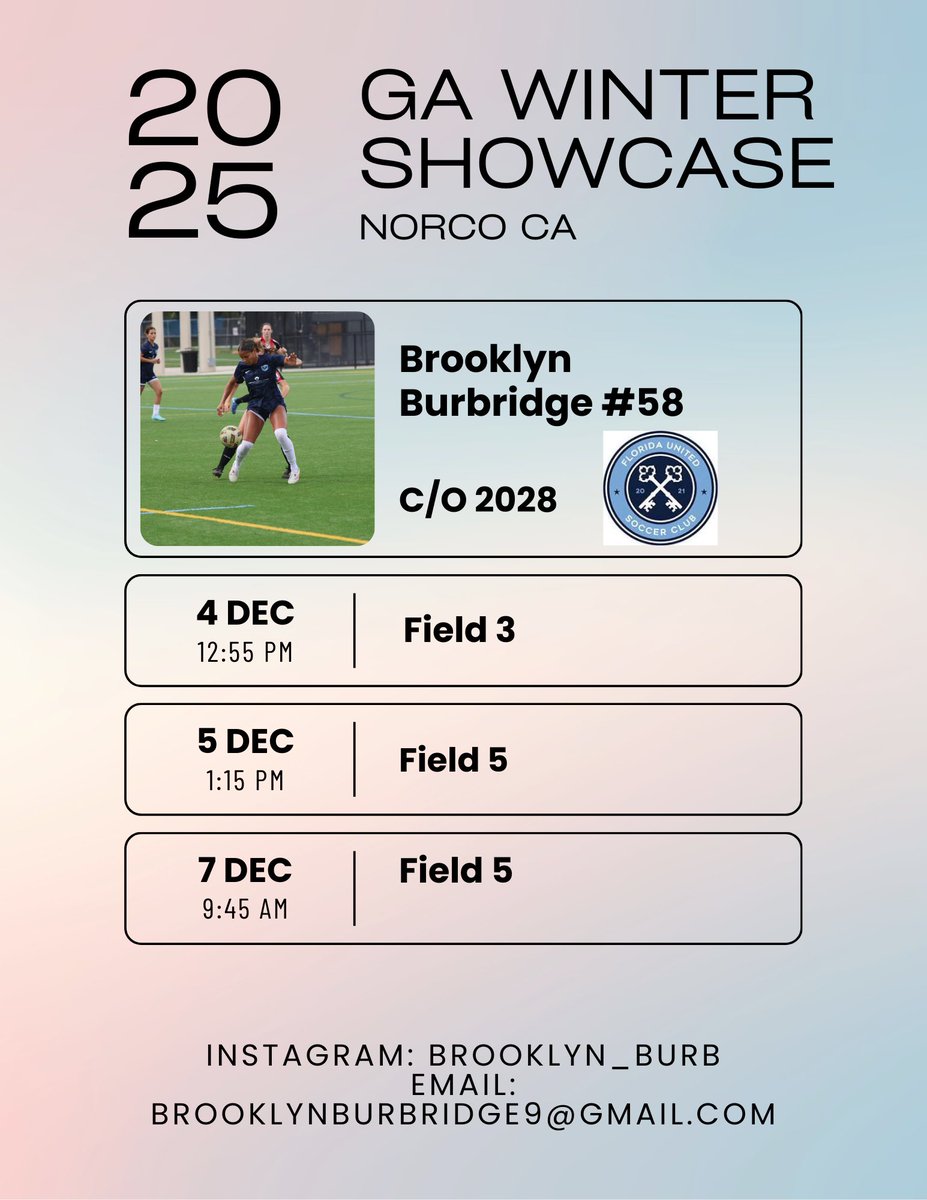 brooklynburb's tweet photo. Excited to be competing at the 2025 GA Winter Showcase in Norco, CA. Looking forward to showcasing myself and continuing to grow. game schedules and info below !!! @KenMasuhr_Jr
👇👇
#GAWinterShowcase #2028Recruit https://t.co/dpugNmiYkn
