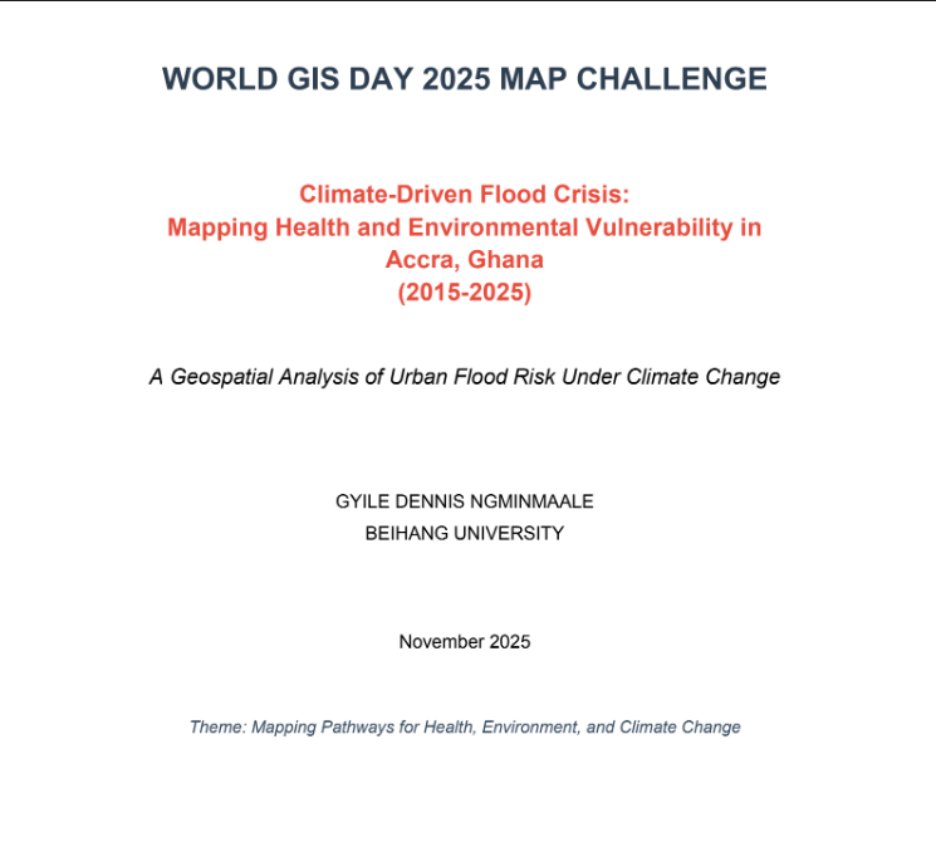 dsn_ai_network's tweet photo. We’re excited to unveil the top three winners of the @dsn_ai_network World GIS Day 2025 Map Challenge.

Over a 21-day sprint, we received 24 strong submissions from across the globe. Each entry tackled real-world problems through geospatial intelligence, and the review panel evaluated them on innovation, data accuracy, visualization quality, and clarity of insight.

Here’s the final ranking:
1st Place – Gyile Dennis Ngminmaale 
Climate-Driven Flood Crisis: Mapping Health and Environmental Vulnerability in Accra, Ghana (2015–2025)

2nd Place – Oboni Nadimah Abubakar (@Na_Deemah)
Mapping Pathways for Health, Environmental and Climate Change

3rd Place – Nazir Sani (@NazirSani18)
Barriers to Health Access: Conflict Intensity and Health Facilities in Nigeria – Identifying High-Risk Zones for Medical Aid Delivery

Thank you to every participant who submitted a thoughtful, well-crafted project. Your work shows how powerful geospatial technology can be in shaping smarter decisions across health, climate, and community development.

#datasciencenigeria #WorldGISDay2025
