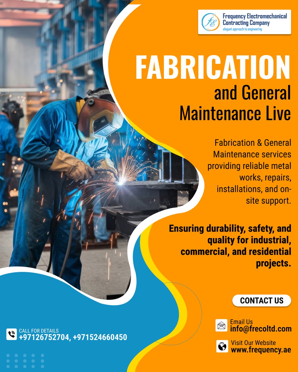 frequencyae's tweet image. Expert Fabrication &amp;amp; Maintenance Services! 🔧

🔹 Custom Fabrication
🔹 Metal Works &amp;amp; Repairs
🔹 Professional Installations
🔹 On-Site Support

🌐 frequency.ae

#Fabrication #GeneralMaintenance #Metalworks #Engineering #FrequencyElectromechanical #UAEConstruction