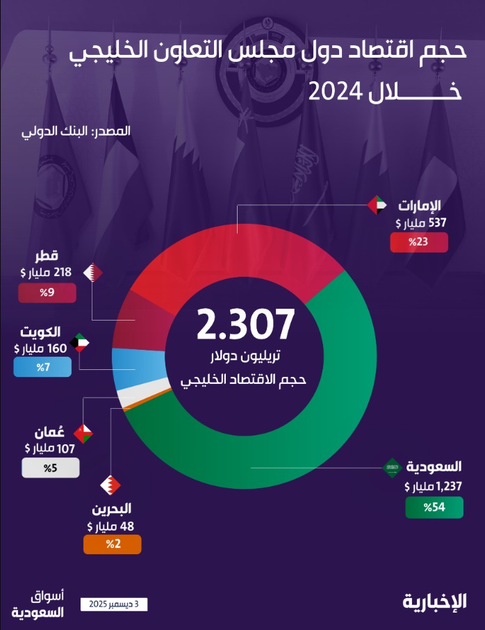alekhbariyaECO's tweet photo. مع انعقاد القمة الخليجية 46.. ما حجم اقتصاد دول الخليج، وما حصة المملكة منه؟ 

#إنفوغرافيك_الإخبارية: 
بلغ 2.3 تريليون دولار في 2024، تستحوذ السعودية على 54%
منه 🇸🇦 https://t.co/gym4nuZL3i
