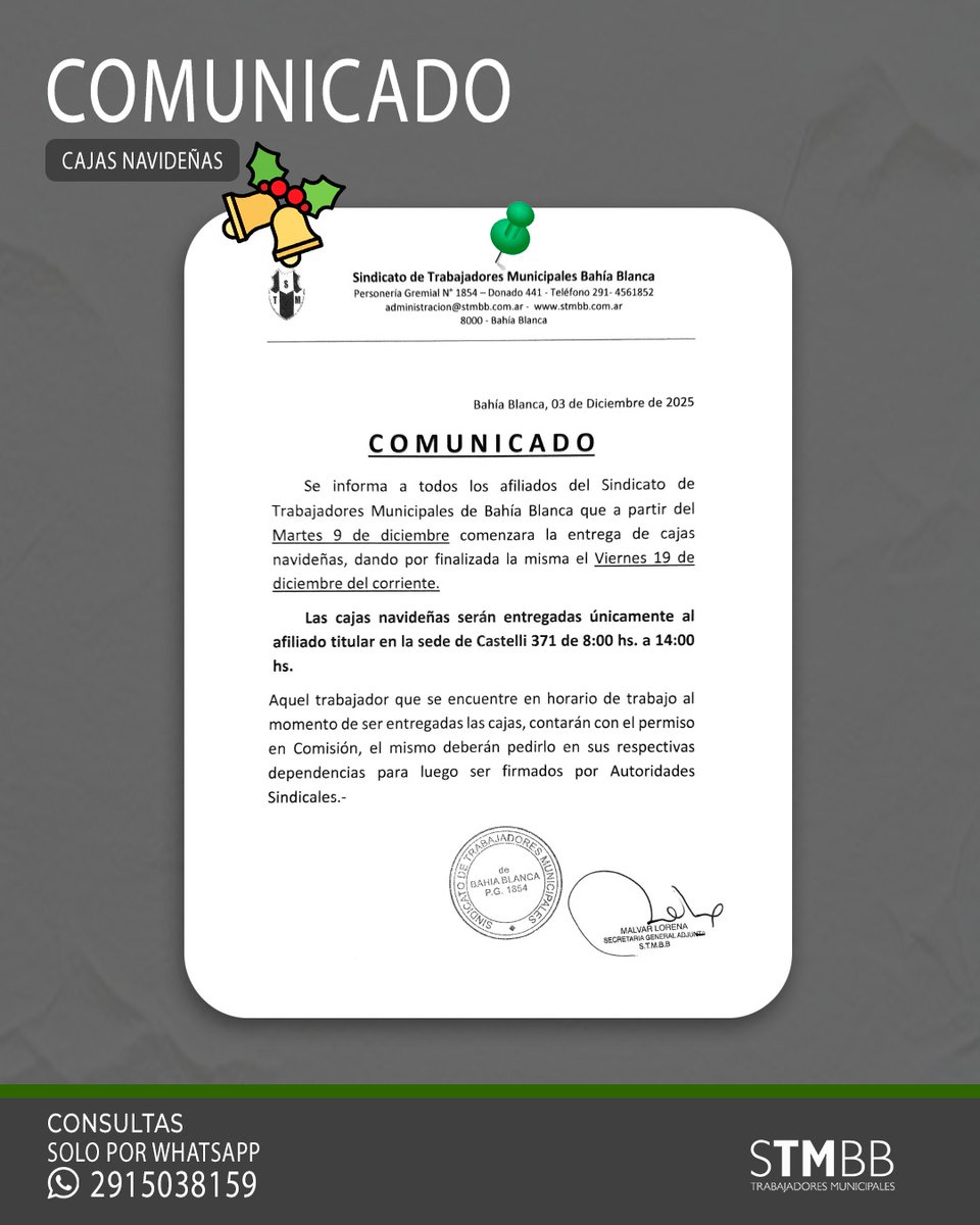 📣 Entrega de cajas navideñas🎄

Del martes 9 al viernes 19 de diciembre, las y los afiliados al Sindicato de Trabajadores Municipales de Bahía Blanca podrán retirar su caja navideña en la sede de Castelli 371, de 8 a 14 hs.