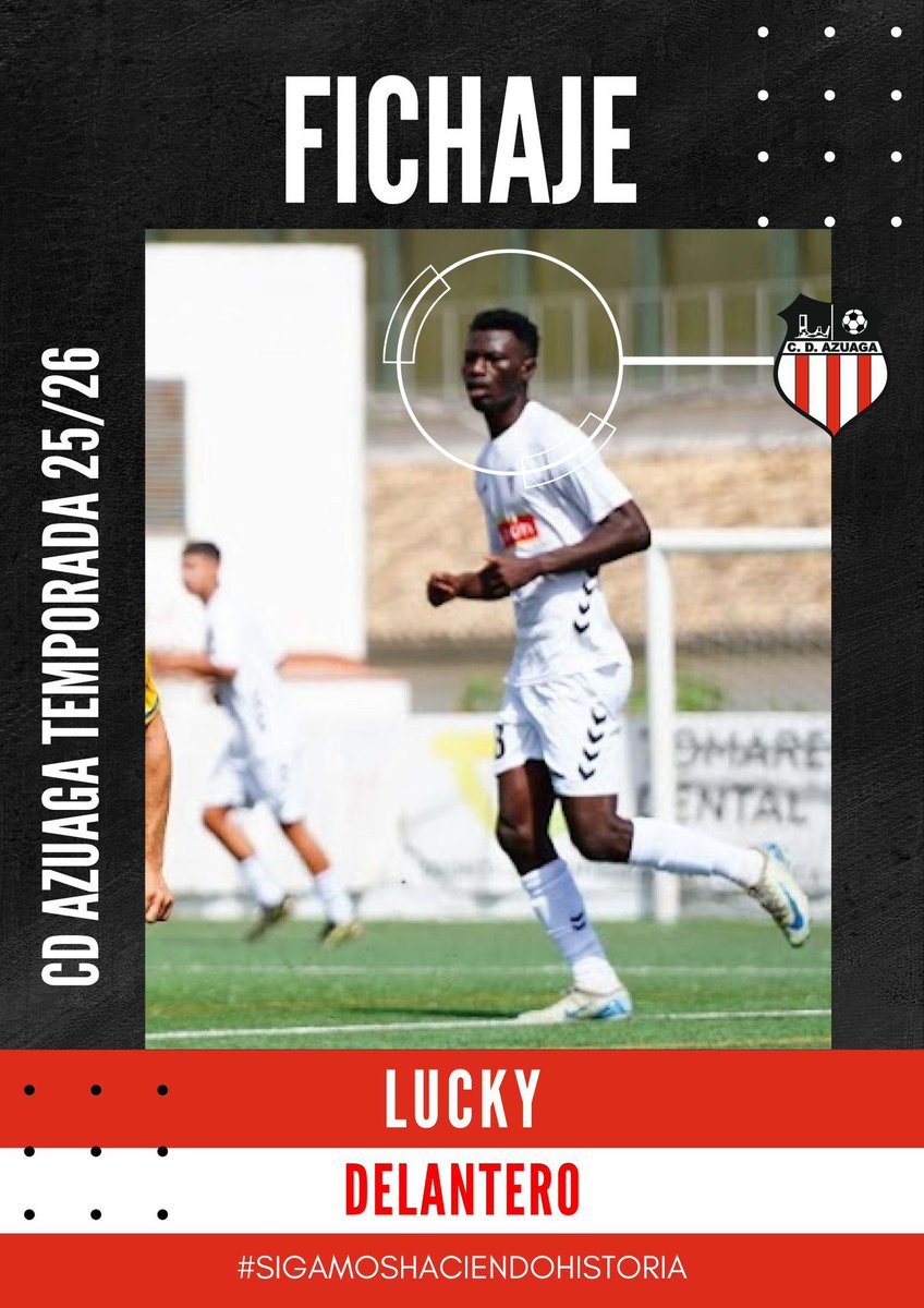 FICHAJE | 

LUCKY, delantero procedente del San Roque de Lepe, nuevo jugador del CD Azuaga. Conocedor del grupo XIV de 3RFEF, ha militado en las filas de la SP Villafranca (21 goles), CF Villanovense o CD Hernán Cortés.

¡Bienvenido a Azuaga! 

#SIGAMOSHACIENDOHISTORIA

❤️🤍🖤