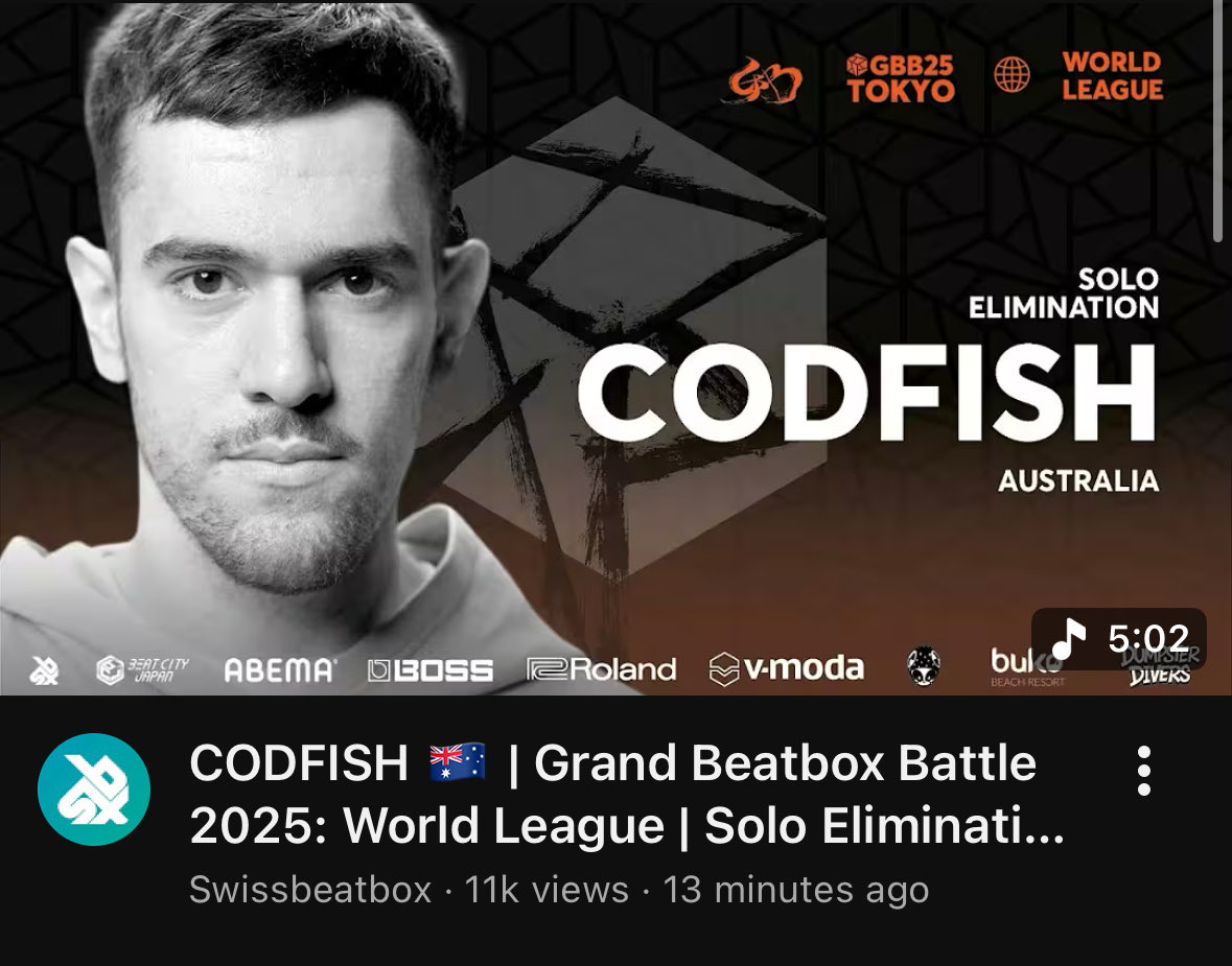 CodfishBeatbox's tweet image. My GBB Elimination round is out now! 🐠