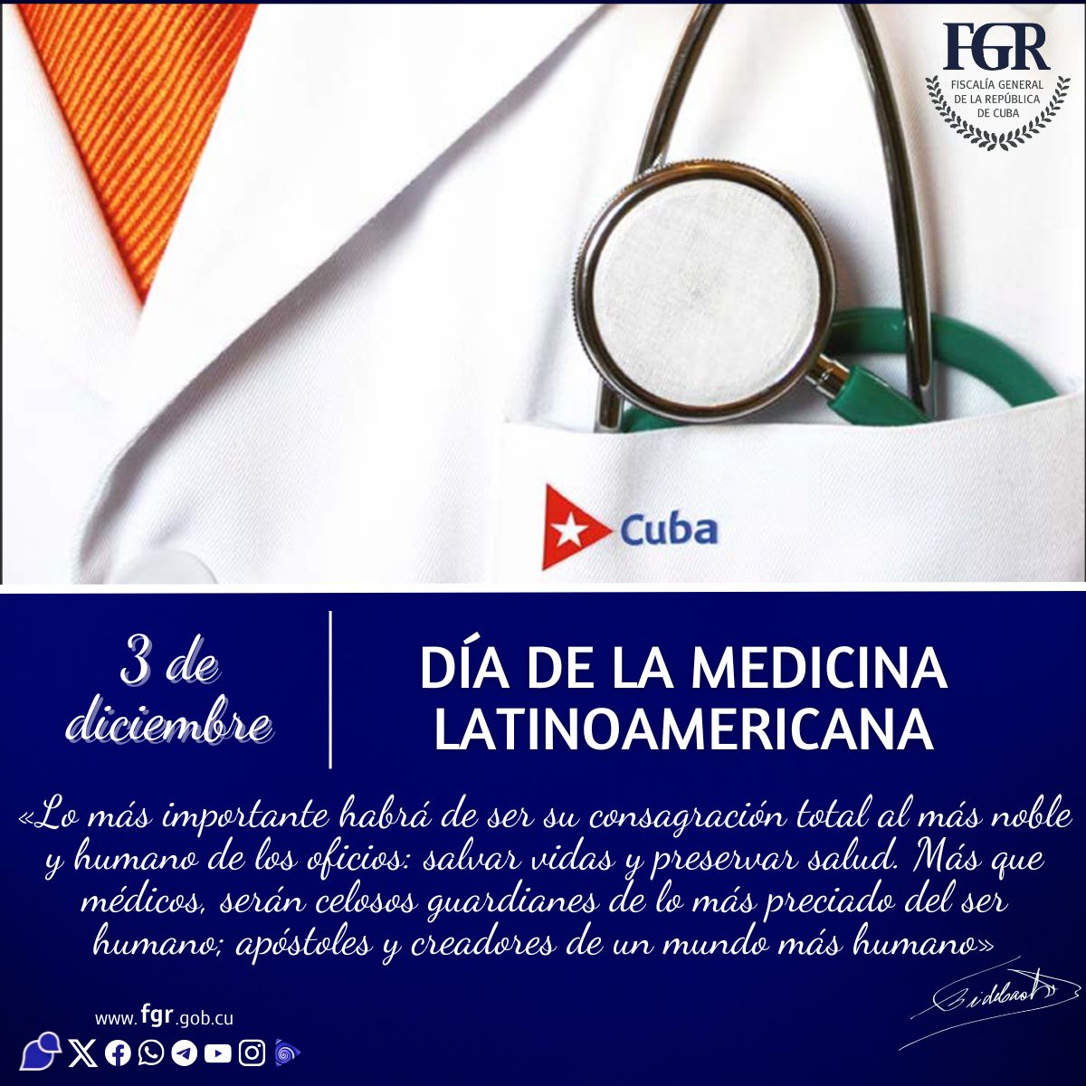 ¡Muchas felicidades a nuestros profesionales de la salud en este Día de la Medicina Latinoamericana! El reconocimiento, admiración y gratitud de la familia de la #FiscalíaCubana por su incansable labor y dedicación. 

#CubaPorLaVida 🇨🇺