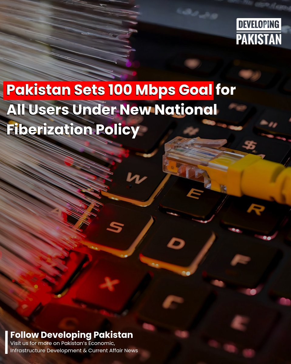 developingpak's tweet photo. The Ministry of Information #Technology and #Telecommunication (MoITT) is targeting a minimum fixed broadband speed of #100Mbps for all users across #Pakistan as part of a major national overhaul of the country’s #digitalinfrastructure.

To achieve this, the Ministry will hire a consulting firm to develop Pakistan’s first National #Fiberization Policy and Plan.

The new policy will work to expand fixed broadband coverage by enabling the deployment of 8-10 million new optical-fiber-based house passes nationwide. The Ministry also aims to improve mobile network capacity and reliability by ensuring that 80 percent of telecom towers are connected to fiber. 

This is essential for strengthening 4G networks and preparing Pakistan for future 5G rollout. These goals are designed to help Pakistan reach the top 50 countries in Ookla’s global speed rankings.