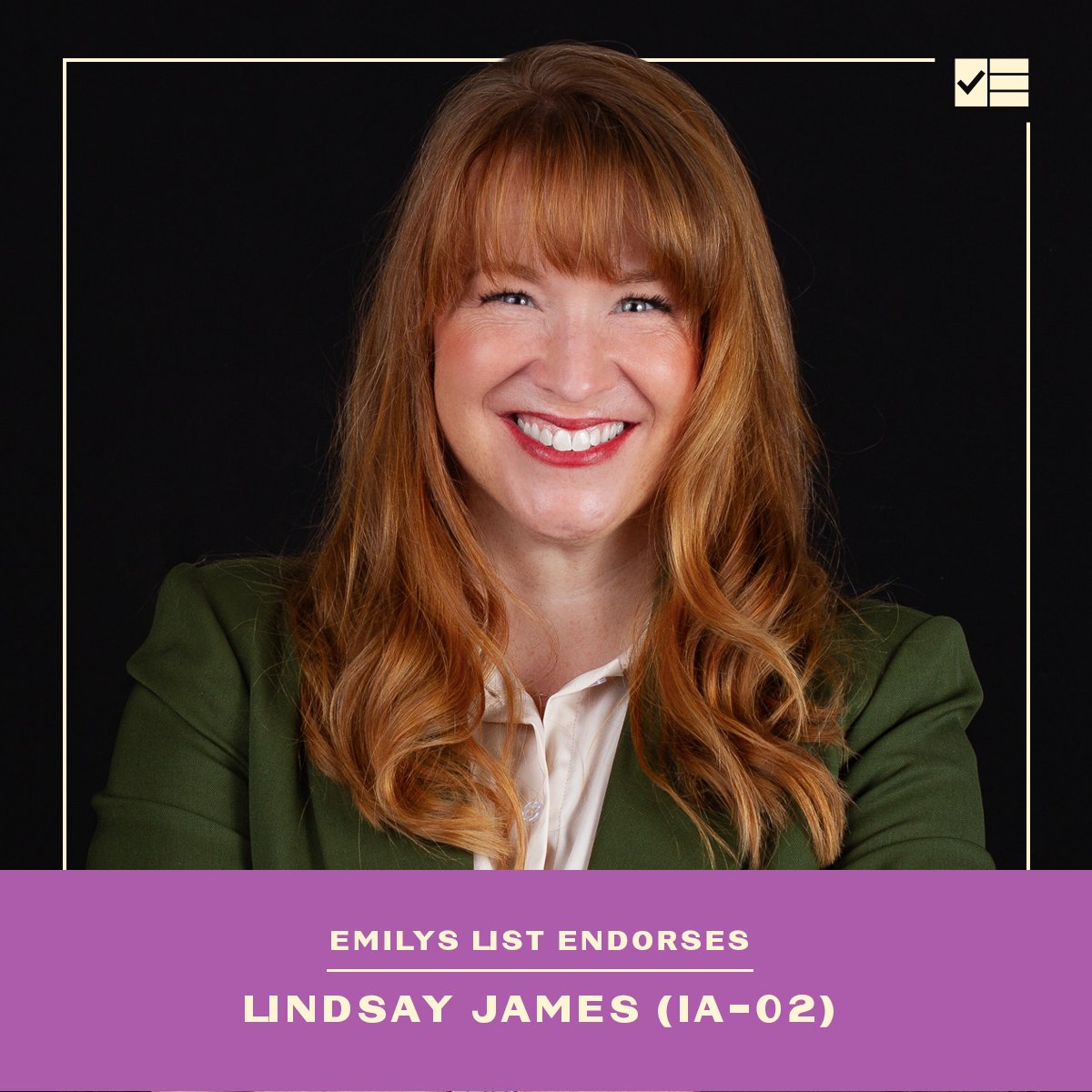 emilyslist's tweet photo. Today, we’re excited to endorse Rep. Lindsay James for election to Iowa’s 2nd Congressional District! As a former chaplain and a state representative, Lindsay has a proven record of bringing people together to find common ground and make life better for the people she represents. https://t.co/dqoQAGvYPn