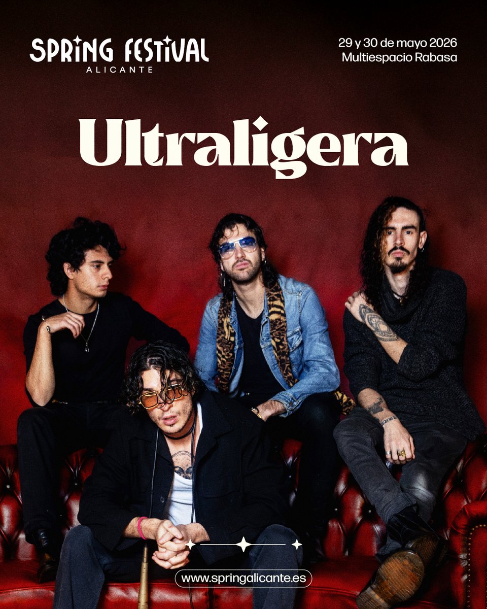 Y la otra confirmación festivalera de hoy es la de <a href="/UltraligeraBand/">Ultraligera</a> para el <a href="/SpringAlc/">Spring Festival</a> de Alacant(Multiespacio Rabasa, 29-30/5/2026) <a href="/ProdsBaltimore/">Producciones Baltimore</a> <a href="/estrellalevante/">Estrella de Levante</a> <a href="/Alicante_City/">Turismo Alicante</a> 

alacant-indie.blogspot.com/2025/12/festiv…