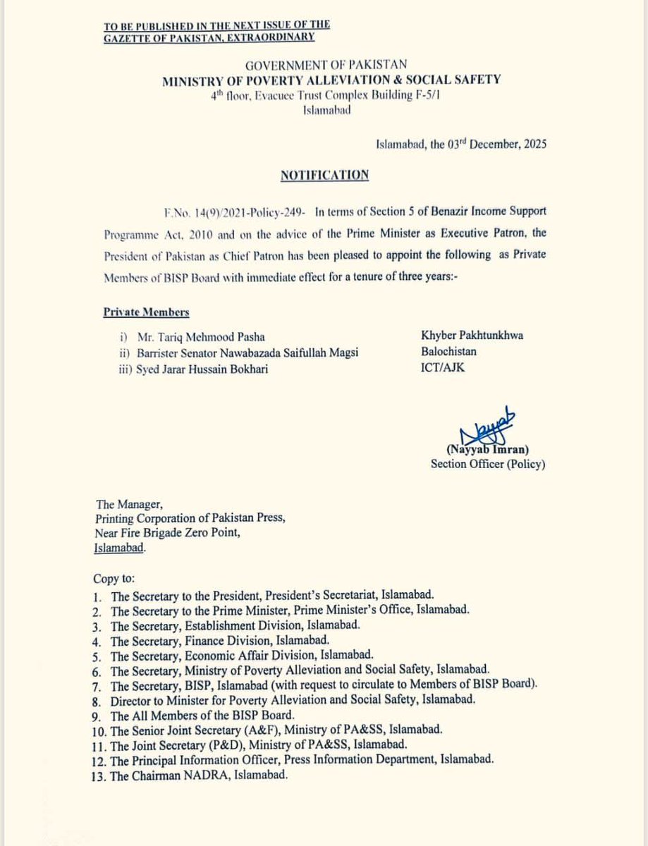 On the advice of the Prime Minister, President of Pakistan Asif Ali Zardari has appointed three persons, including Barrister Nawabzada Mir Saifullah Khan Magsi, as private members of the BISP Board for three years.