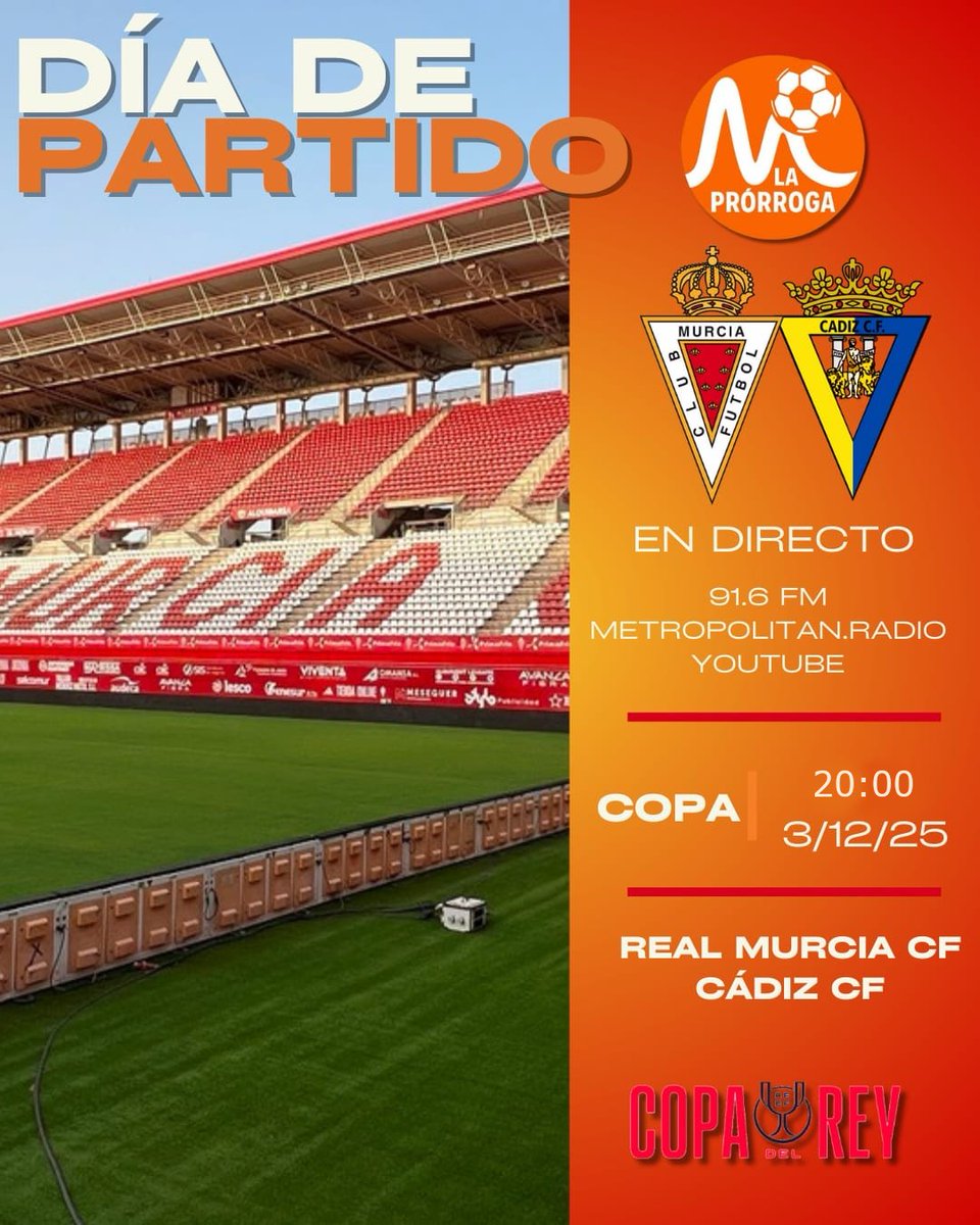 ¡Nos vamos de Copa! 🥂

Vive el #RealMurciaCádiz de #CopaDelRey de forma íntegra y sin interrupciones en <a href="/MetropolitanRM/">Metropólitan Radio Región de Murcia</a>.

🎙️ <a href="/ttetinho/">FRANCO</a> 
⭐️ <a href="/diegobahs/">Diego</a> 

Desde el estadio, a las 19:45, por los canales habituales:
📻 91.6 FM
🔊 metropolitan.radio
📺 youtube.com/@metropolitanr…