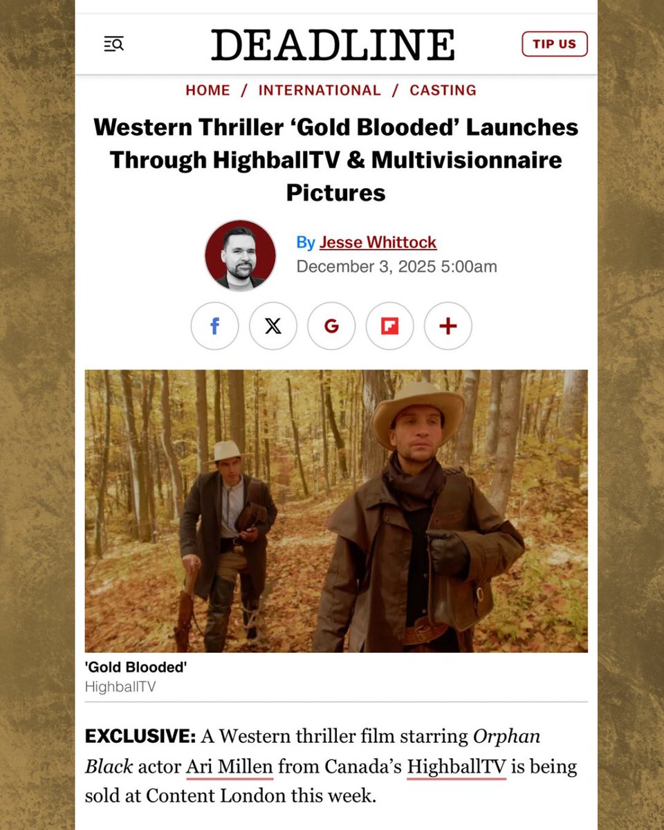 HighballTV's tweet image. 🚨 Breaking News via @Deadline: 🚨 
Gold Blooded, a new Western thriller starring #AriMillen, has been officially unveiled by @HighballTV and @MultiVisionnair Pictures at Content London. The project marks the latest collaboration between the two companies as they expand their…