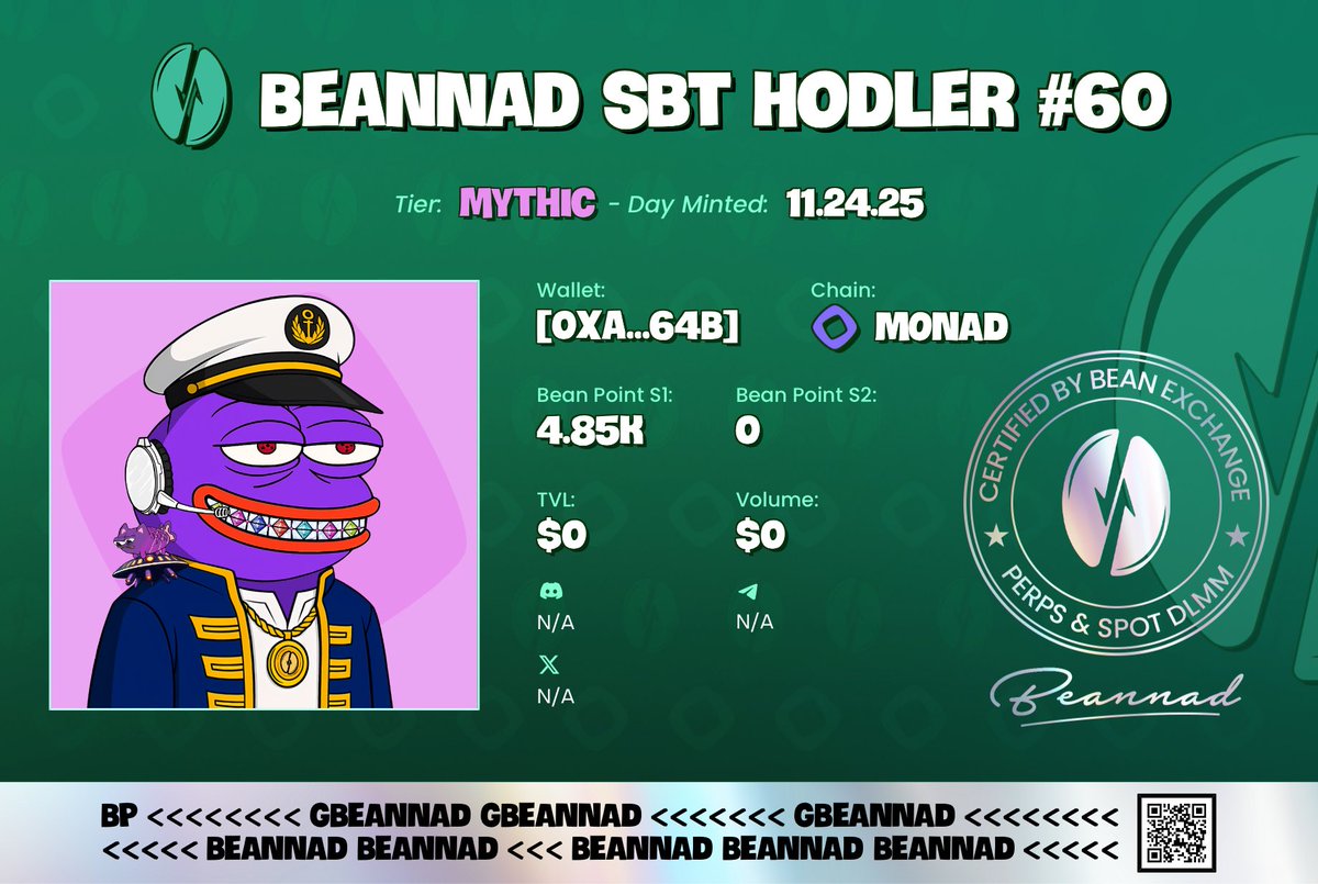My <a href="/BeannadSBT/">Beannad SBT (mainnet arc)</a> Mythic nft 
Flew your $Bean