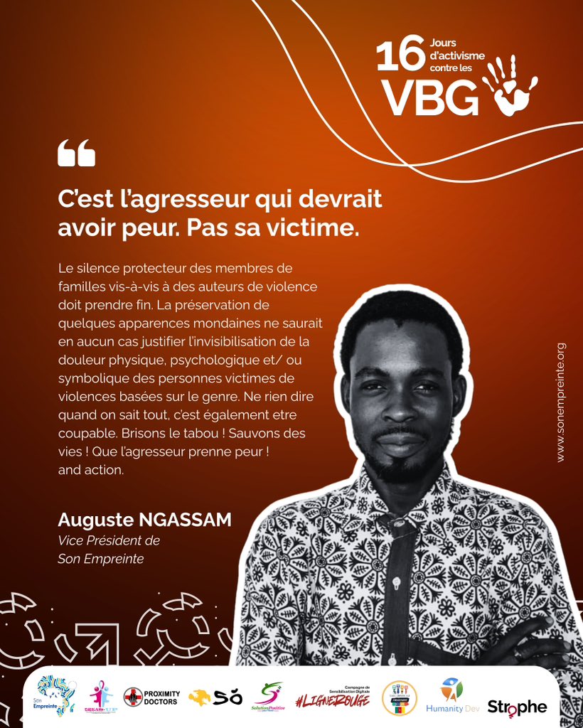16 Jours d’activisme contre les Violences Basées sur le Genre

Chez Son Empreinte, nous avons choisi de mettre en lumière des voix engagées. Aujourd’hui, nous partageons la pensée d’ Auguste Ngassam, Vice-Président de Son Empreinte.

sonempreinte.org
#16Days #StopVBG