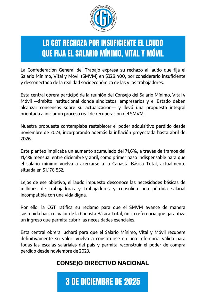La CGT rechaza por insuficiente el laudo que fija el salario mínimo en $328.400. Exigimos un SMVM que cubra la Canasta Básica y garantice una vida digna. #CGT