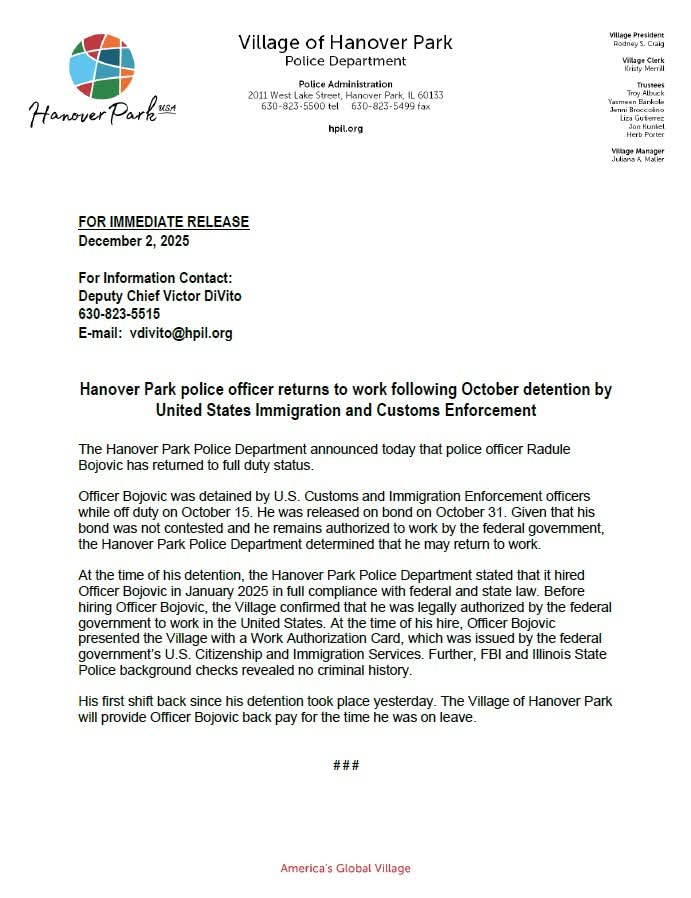 Yesterday in Hanover Park, we welcomed back Officer Bojovic after ICE unlawfully detained him in Oct. I'm grateful for his commitment to serving our community, as I remain committed as a Trustee to protect our residents and employees and ensure that their rights remain intact.