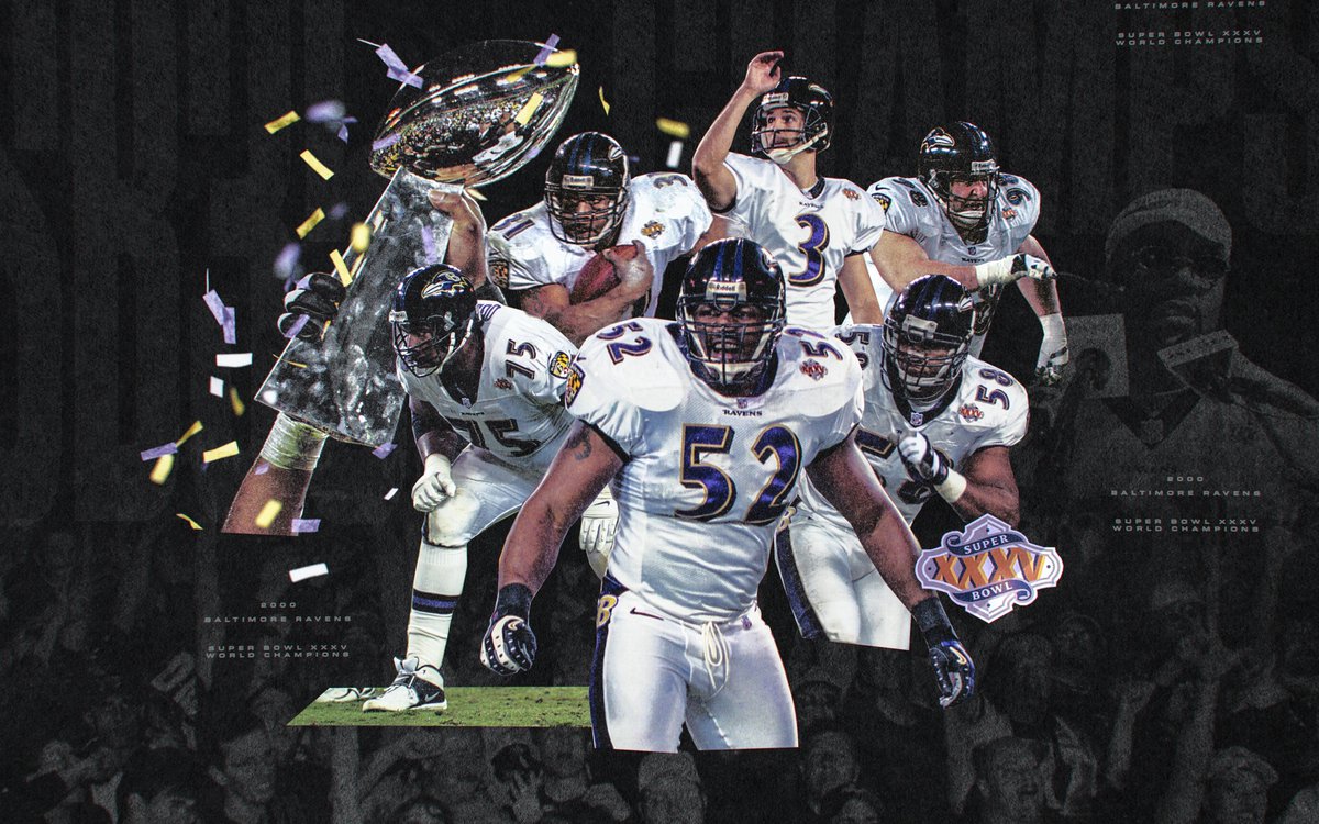 Ravens's tweet image. Celebrating the Super Bowl XXXV team this week #WallpaperWednesday