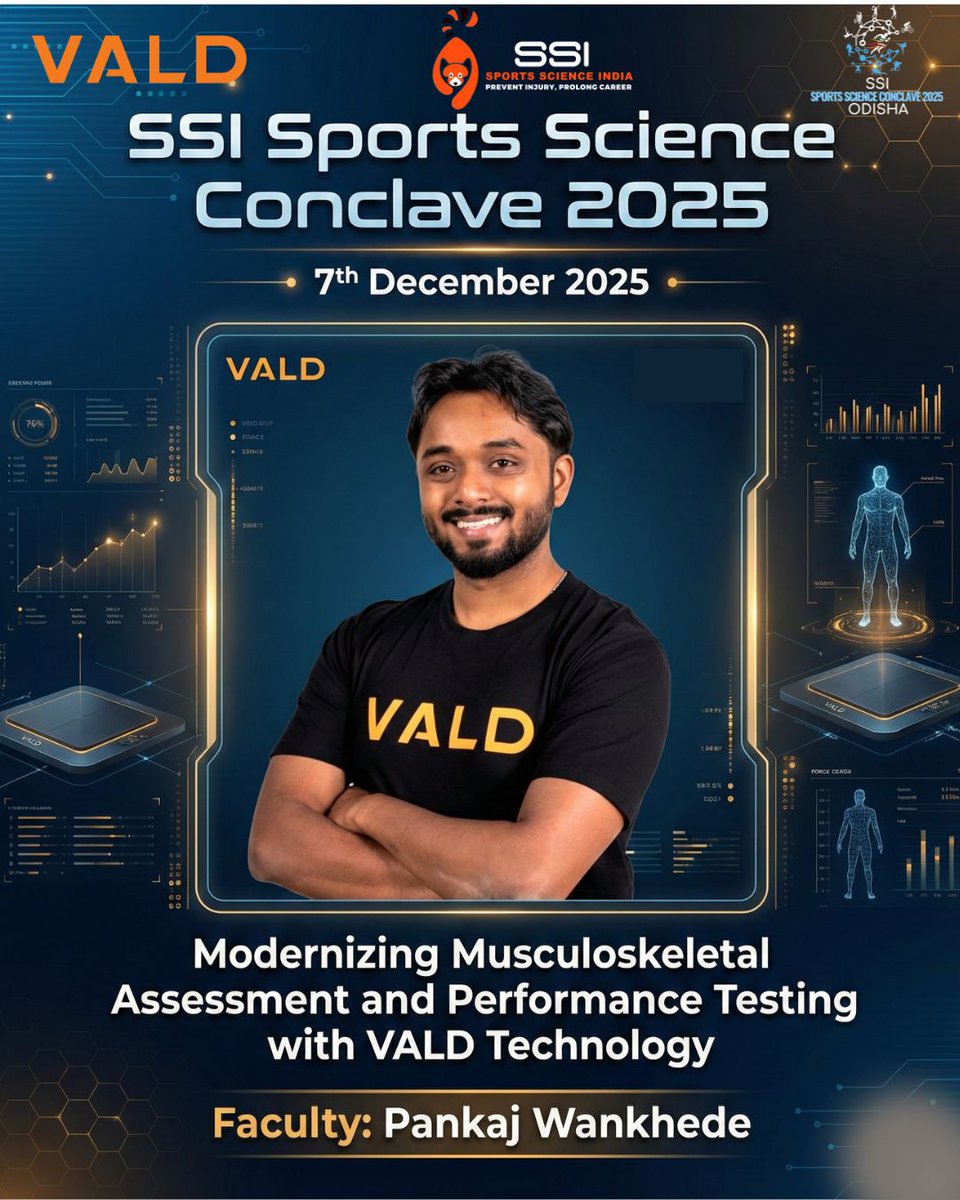fanzine_ssi's tweet image. 🚀 SSI Sports Science Conclave 2025 | Odisha
📅 7th December 2025
Join us for an exclusive session on “Modernizing Musculoskeletal Assessment &amp;amp; Performance Testing with VALD Technology”
Faculty: Pankaj Wankhede 
#VALD #PerformanceTesting  @VALDPerformance @SSISportsIndia
