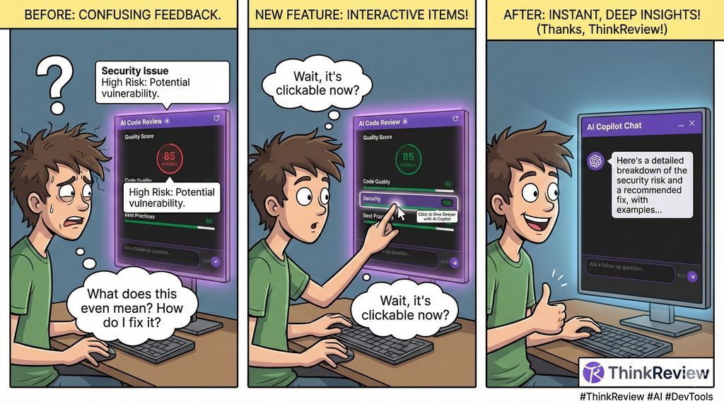 thinkreviewdev's tweet image. Discover a new way to experience code reviews! With ThinkReview&apos;s recent update, you can click on review items for deeper insights, best practices, security concerns, and recommendations—all just a tap away. #CodeReview #TechInnovation