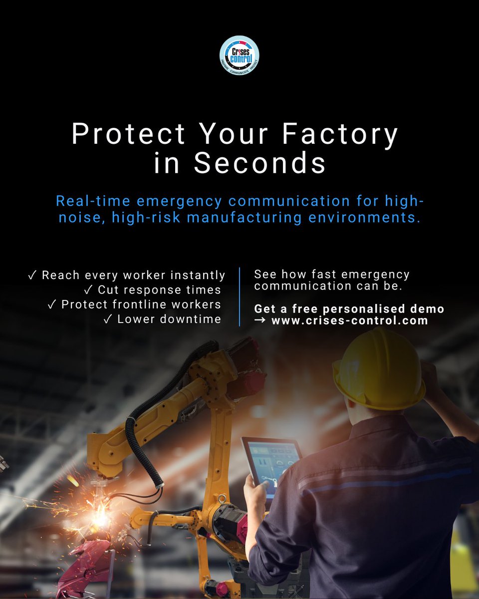 CrisesControl's tweet image. In manufacturing, delayed emergency alerts can be catastrophic. 

Real-time communication = faster response, better protection, less downtime.

Get Your Free Demo: crises-control.com

#WorkplaceSafety #Manufacturing #CrisisManagement