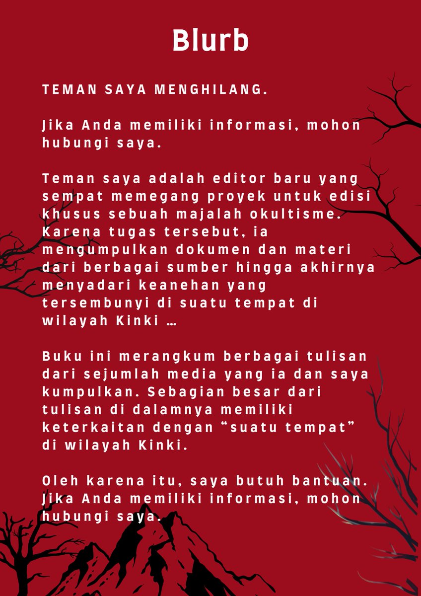Nomu_cimcim's tweet image. •° ⛰️ Review Buku ⛩️ °•
_______________________

📚 Judul : Tentang Suatu Tempat di Wilayah Kinki
🖋 Penulis : Sesuji
🖊️ Penerjemah : Opi Ruhliana
🏠 Penerbit : Phoenix Gramedia Indonesia
📖 Total : 376 hal

&quot;Jika Anda memiliki informasi, mohon hubungi saya.&quot;
