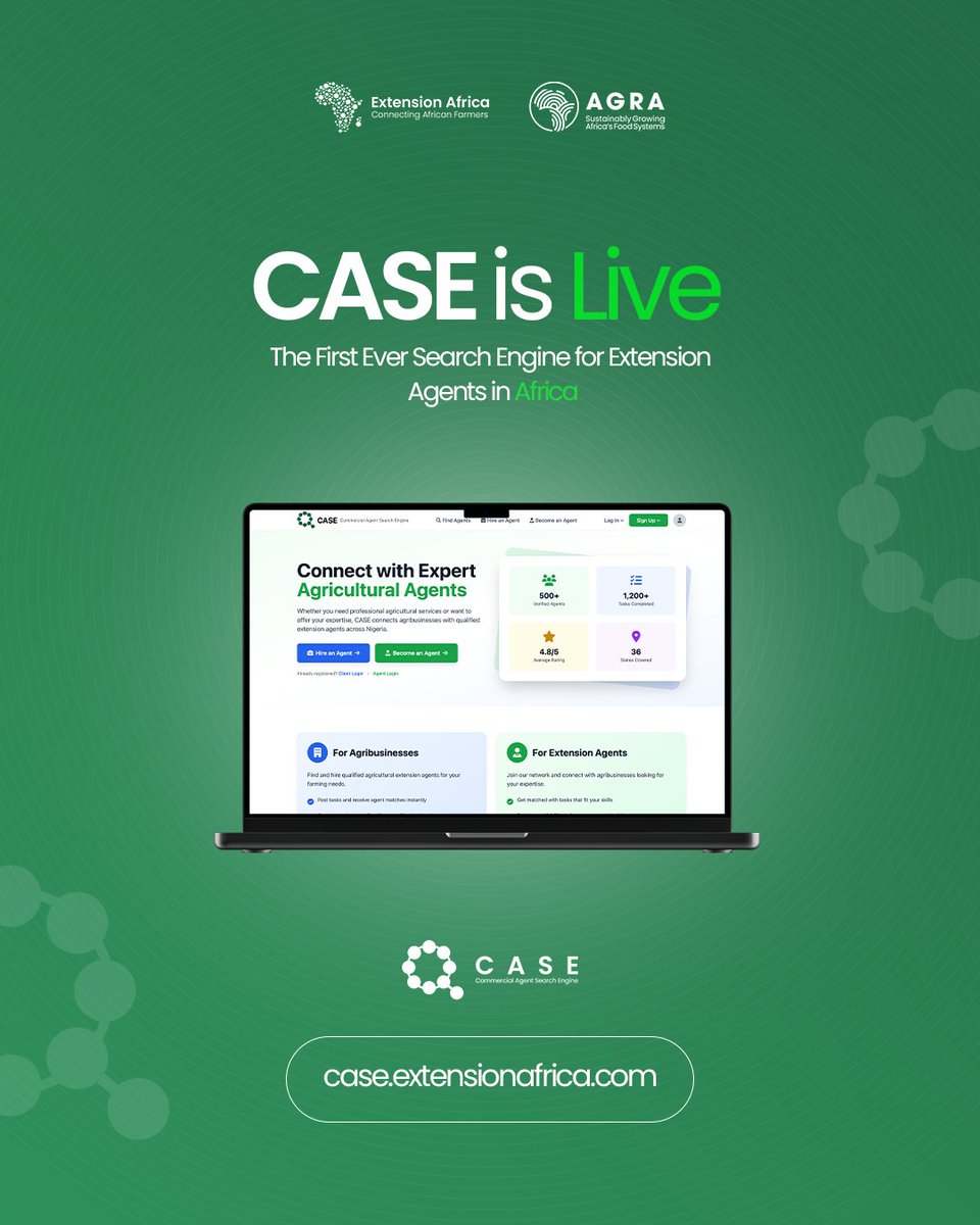 EXAF01's tweet photo. Today, change begins.
We are proud to announce CASE - Commercial Agent Search Engine.
Born from the AGRA Digitization Project &amp; backed by @NAERLS  and the Federal Directorate of Agricultural Extension.
This isn't another app. It's a sustainability model.
#CASEbyExtensionAfrica https://t.co/xoYX4hmJWE