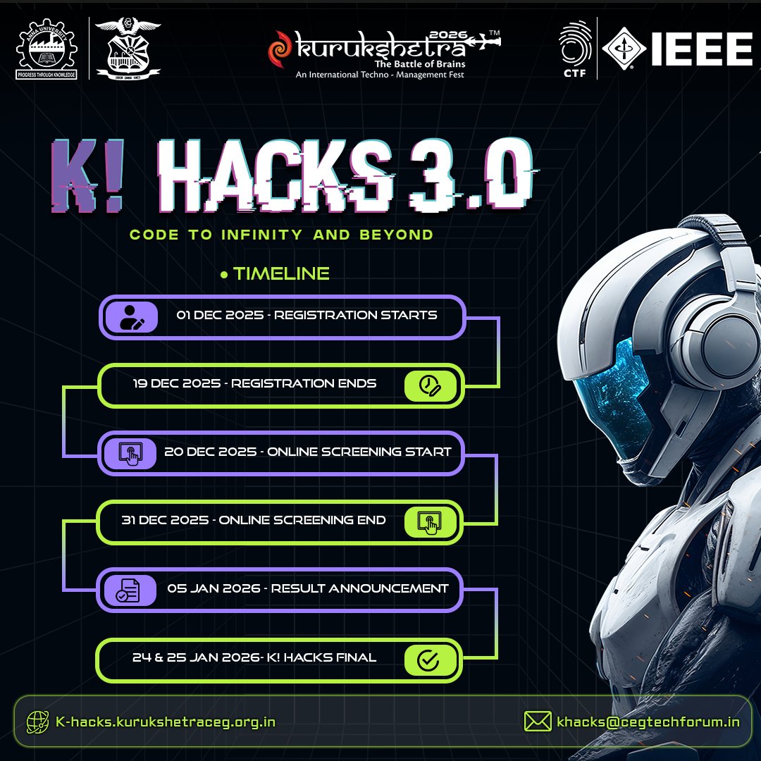CEG_Tech_Forum's tweet photo. The moment is HERE. 🚀
Presenting the Official Timeline for K!Hacks 3.0!

From registrations to the final showdown —
your hackathon journey starts NOW. ⏳💻

Gear up. Lock in.
Get ready to Code Beyond Infinity. ⚡🔥 https://t.co/OL2QwnHu6b