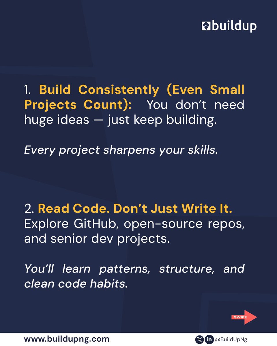 BuildUpNg's tweet image. Start applying these today — small steps compound into big growth.
Keep learning. Keep building. Keep improving. 
Join BuildUp buildupng.com

 #buildup #techlearning #juniordevelopers