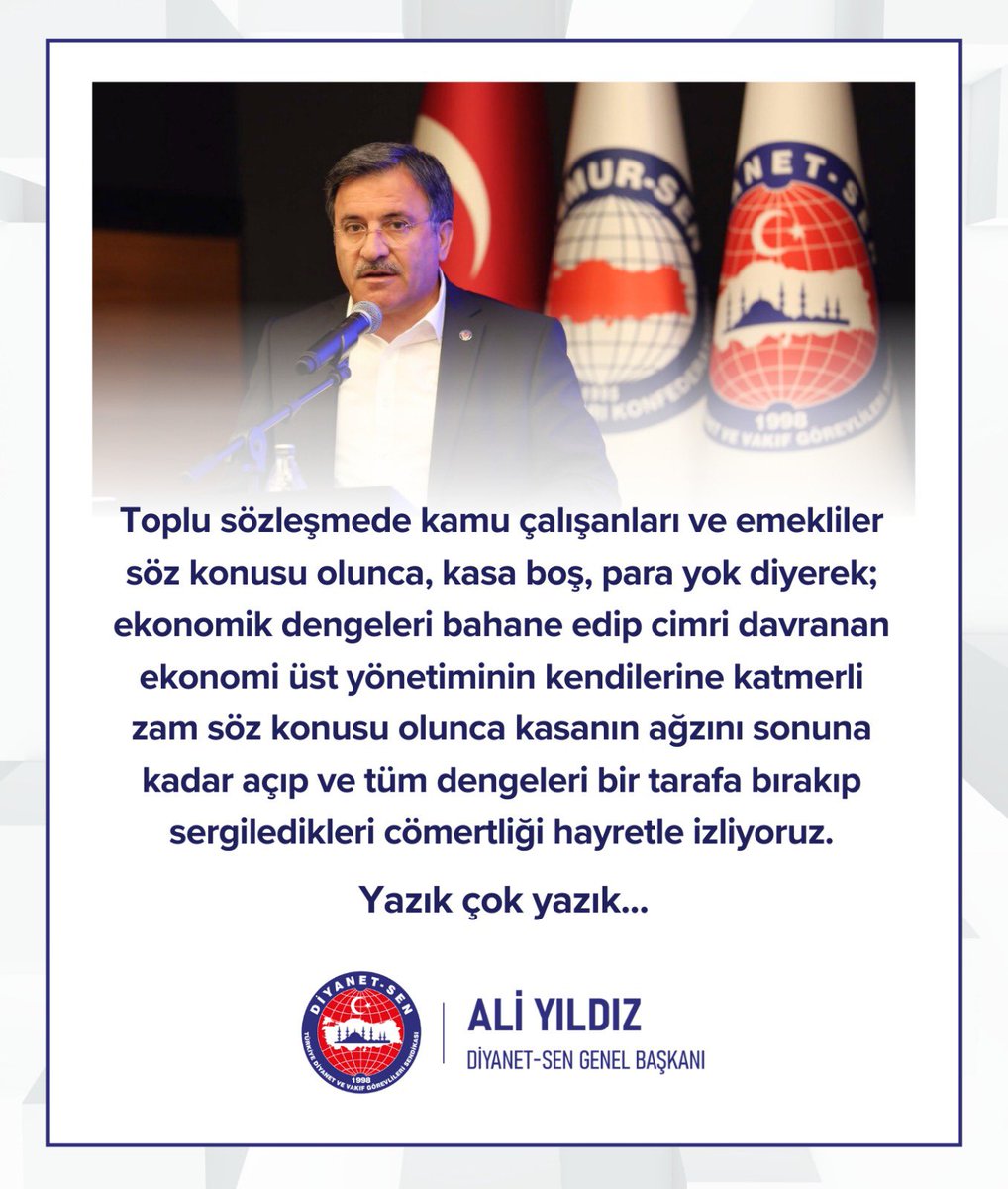 📌Toplu sözleşmede kamu çalışanları ve emekliler söz konusu olunca, kasa boş, para yok diyerek; ekonomik dengeleri bahane edip cimri davranan ekonomi üst yönetiminin kendilerine katmerli zam söz konusu olunca kasanın ağzını sonuna kadar açıp ve tüm dengeleri bir tarafa bırakıp